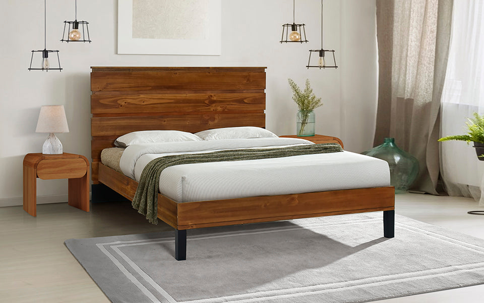 Mid Century Modern Solid Wood Bed Frame Queen Size Platform Bed With Six Piece Headboard Design, No Box Spring Needed, Brown Queen Brown Pine