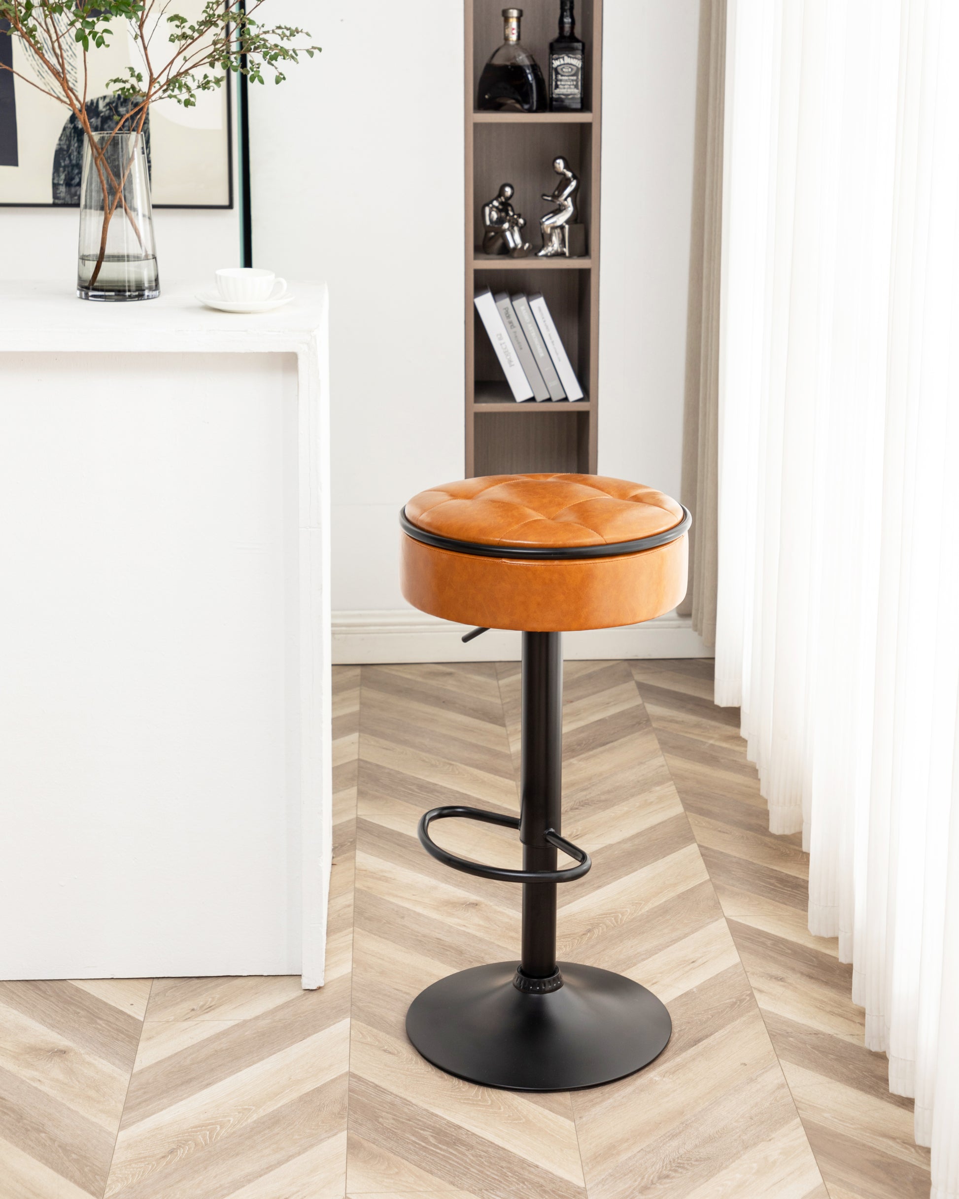 Round Storage Bar Stool Set Of 2, Brown Faux Leather Height Adjustable Barstool, 360 Counter Height Swivel Stool, Armless Bar Chair With Metal Frame For Kitchen Counter Dining Living Room Brown Set Of 2 Foam Pu Leather