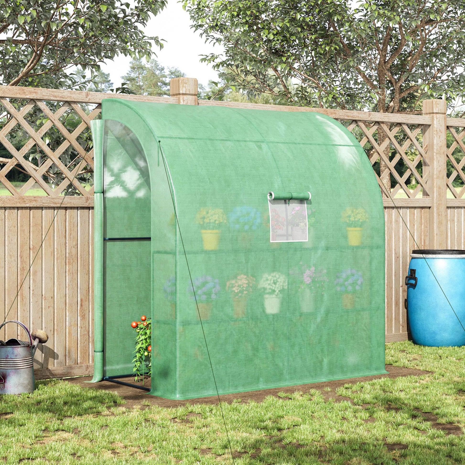 Outsunny 7' X 3' X 7' Lean To Greenhouse, Walk In Green House, Plant Nursery With 2 Roll Up Doors And Windows, Pe Cover And 3 Wire Shelves, Green Green Plastic