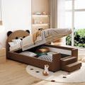 Twin Size Upholstered Daybed With Bear Shaped Headboard, Hydraulic System Andmesh Fence, Brown Brown Velvet