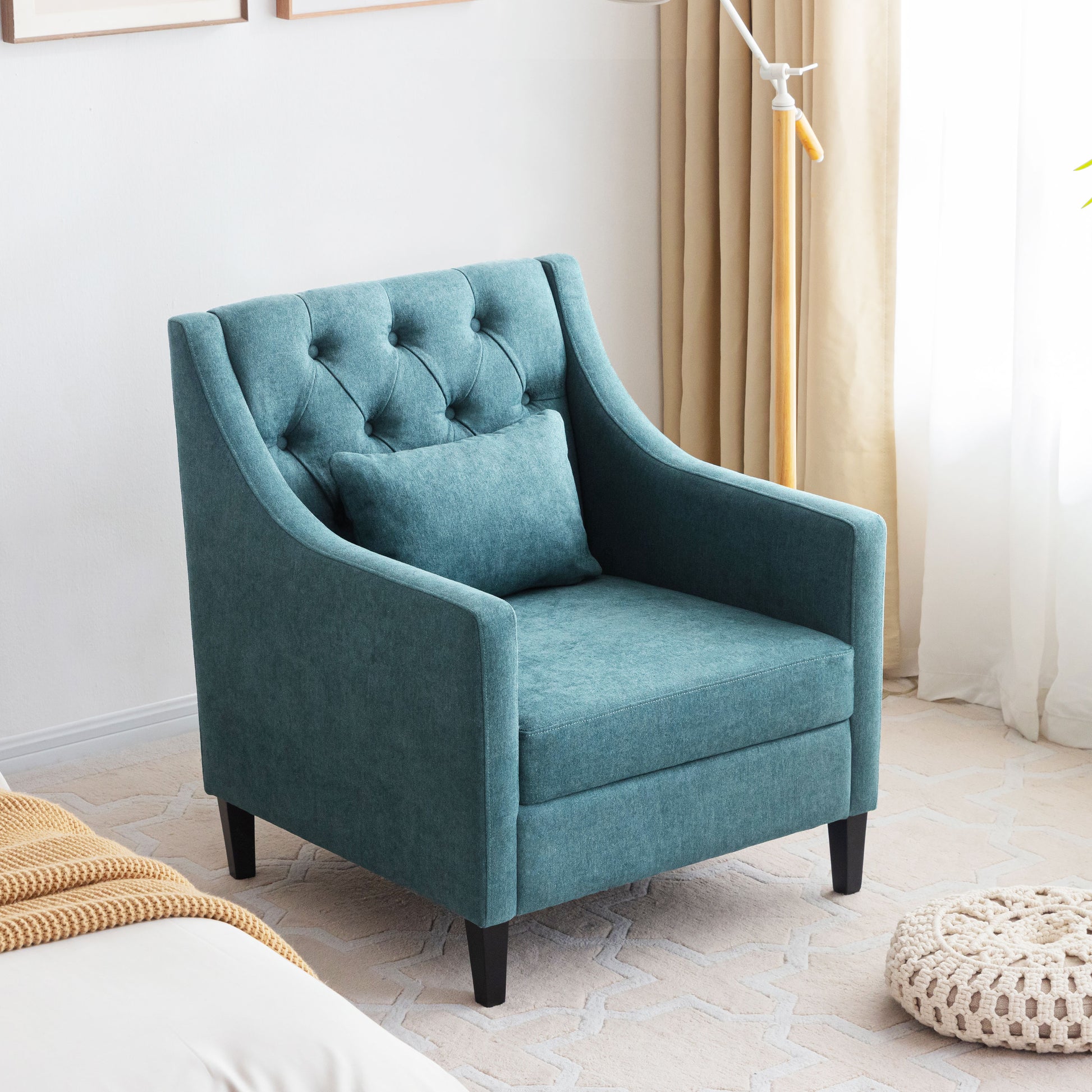 Living Room Chairs, Accent Armchair With Lumbar Pillow, Elegant Bedroom Reading Chair, Mid Century Design, Upholstered Sofa Chair, Teal Teal Primary Living Space Mid Century Modern,Modern Birch