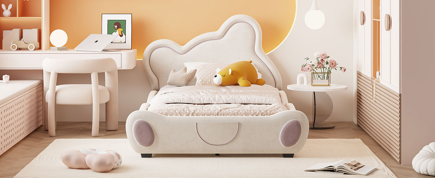 Twin Size Velvet Platform Bed With Bear Shaped Headboard, With Bed End Storage Pocket, Beige Twin Beige Plywood