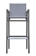 Marina Outdoor Patio Barstool In Gray Powder Coated Finish With Gray Sling Textilene And Gray Wood Accent Arms Gray Textilene Aluminium