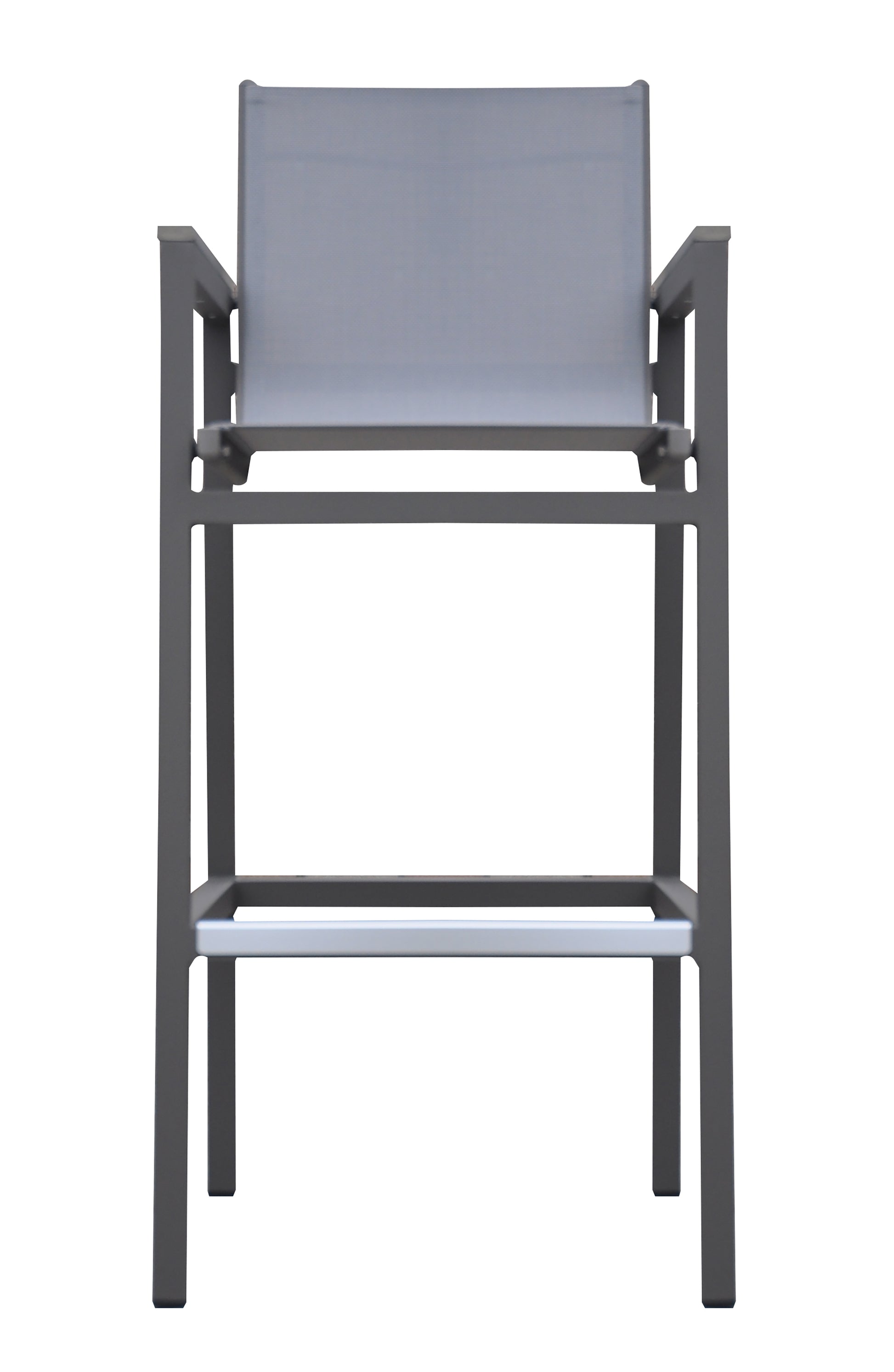 Marina Outdoor Patio Barstool In Gray Powder Coated Finish With Gray Sling Textilene And Gray Wood Accent Arms Gray Textilene Aluminium