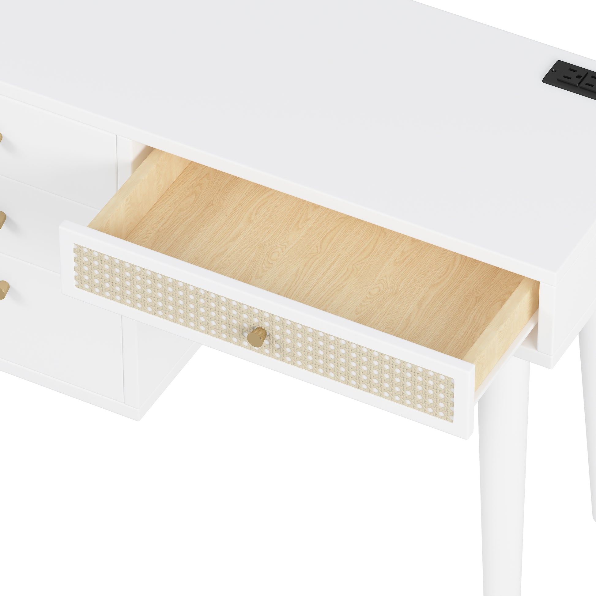 39" Retro Bohemian Style Wooden Makeup Vanity Set With Charging Plug&Usb Port And Stool, Dressing Table With 3 Storage Drawers And 1 Rectangular Rattan Drawer, White White 4 Drawers Wood