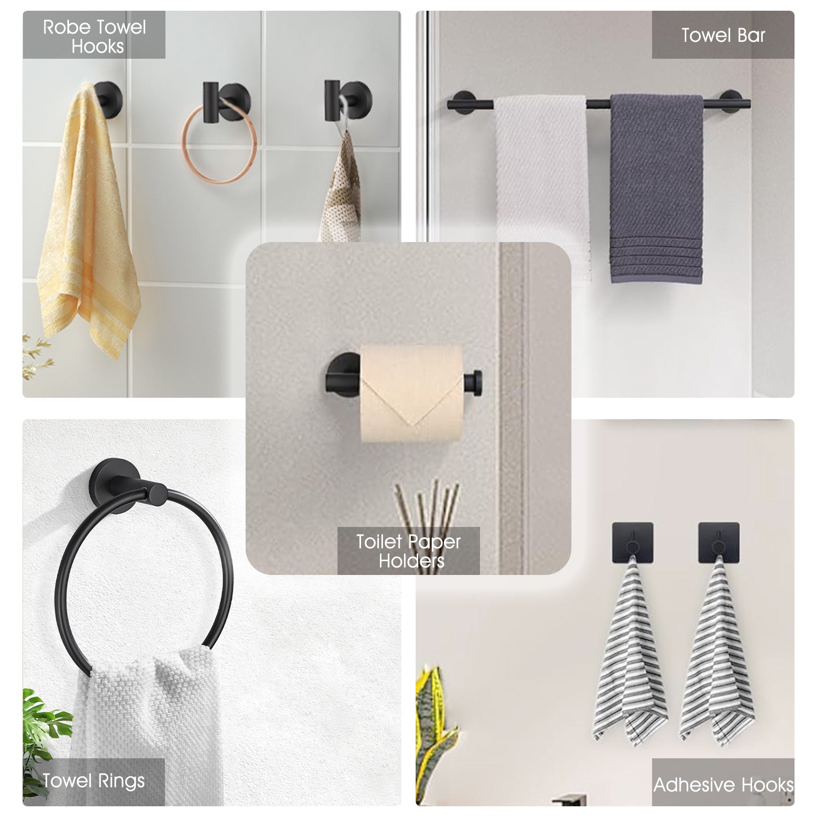 14 Pieces Bathroom Hardware Accessories Set Towel Bar Set Wall Mounted Matte Black Stainless Steel