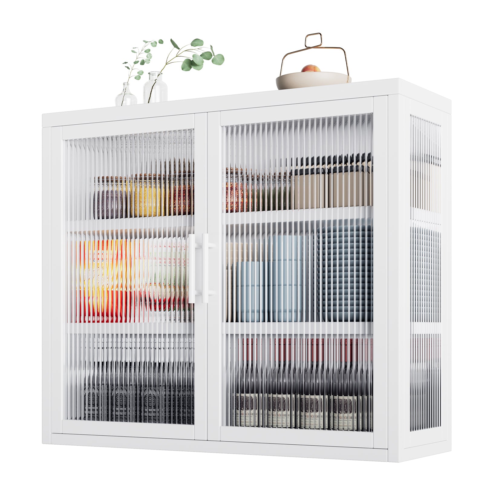 Retro Style Haze Double Glass Door Wall Cabinet With Detachable Shelves For Office, Dining Room,Living Room, Kitchen And Bathroom White Color White Tempered Glass Sheet Metal Plastic