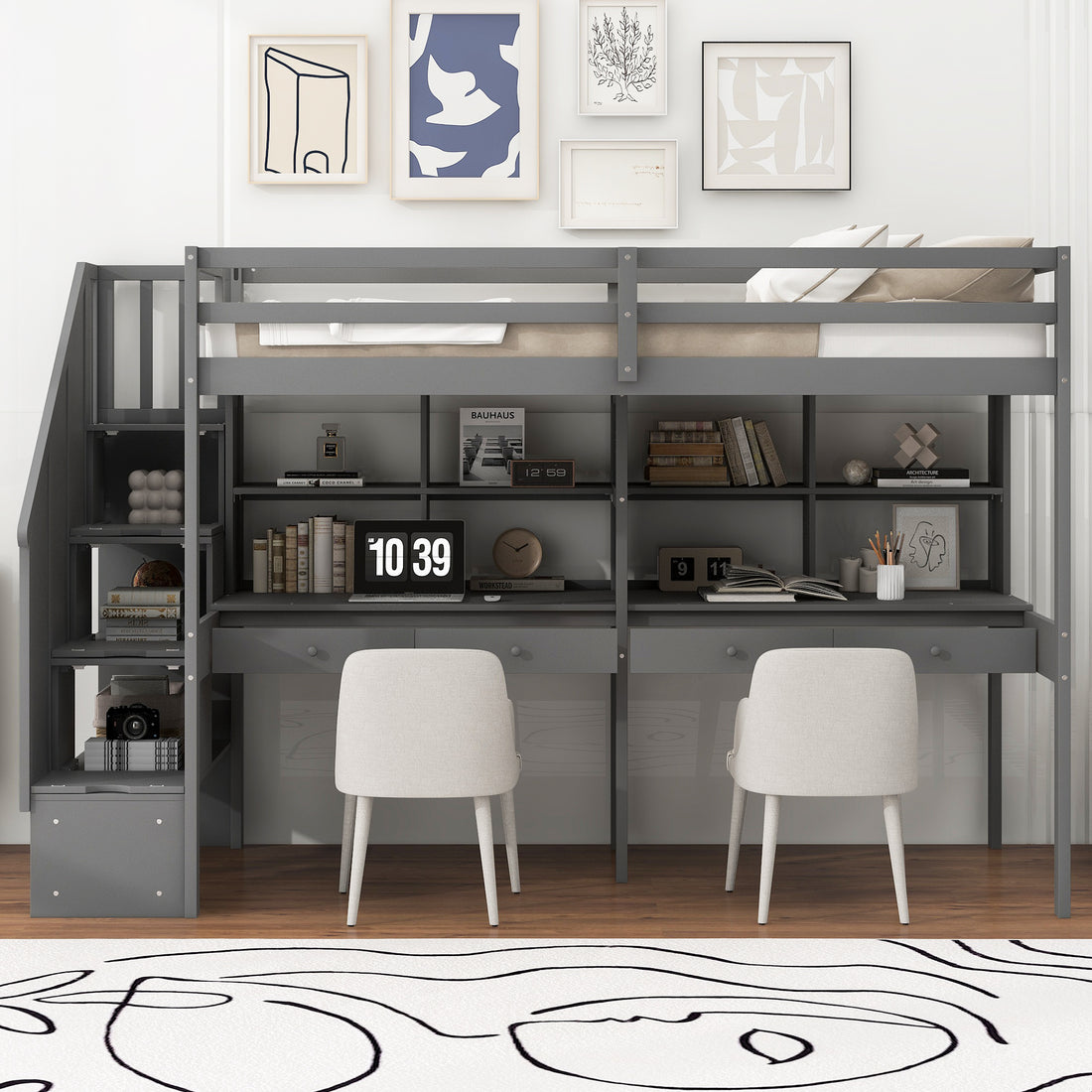 Twin Size Loft Bed Frame With Storage Staircase And Double Desks And Shelves,Gray Twin Gray Solid Wood Mdf