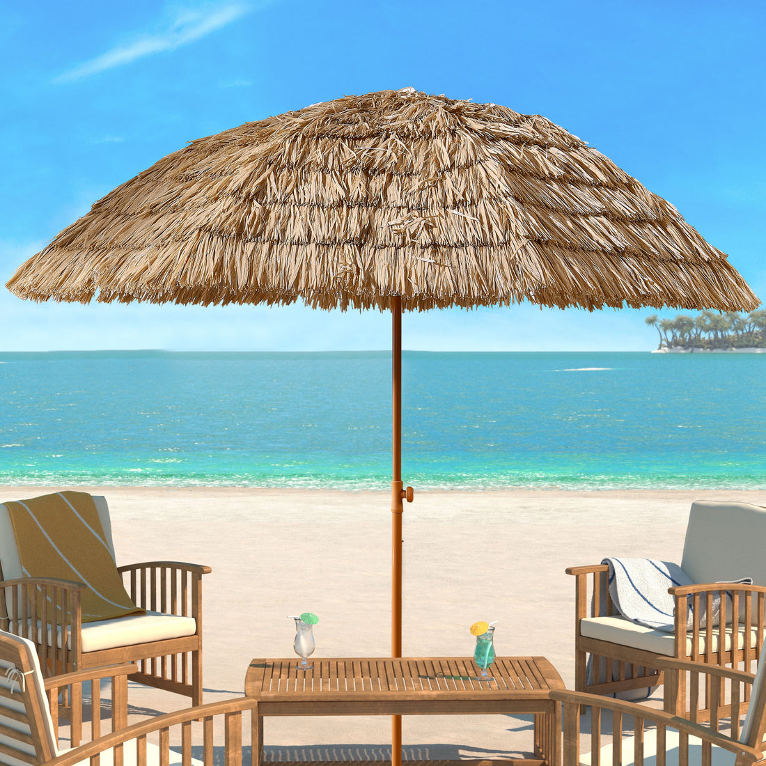 8'Thatch Patio Tiki Umbrella Tropical Palapa Raffia Tiki Hut Hawaiian Hula Beach Umbrella,Straw Umbrella Brown Half Circle No Foundation Needed Manual Garden & Outdoor Beach Year Round Use Gazebos Polyethylene Anchored Oxford Fabric