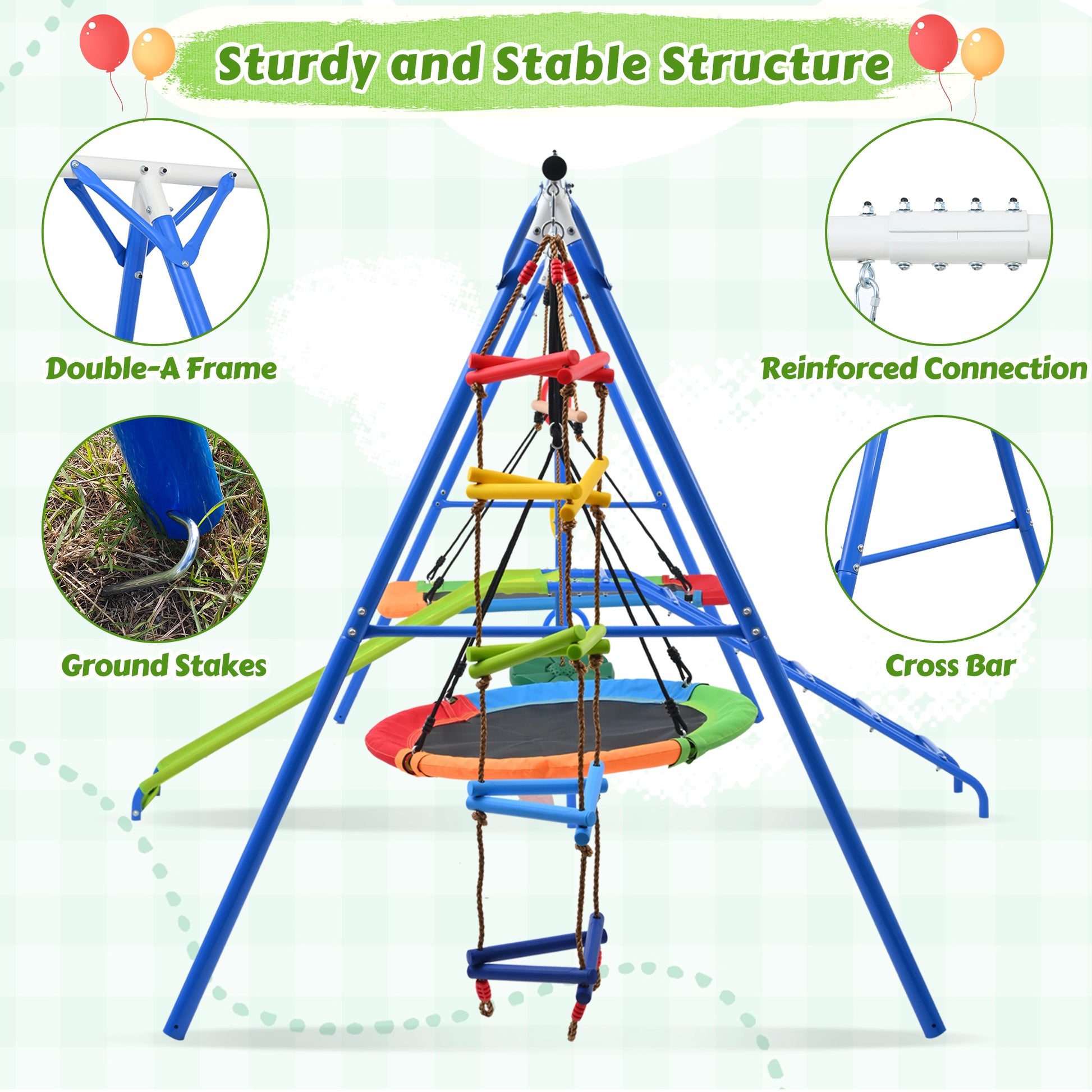 6 In 1 Swing Set For Kids, Toddle Outdoor Swing And Slide Set, Backyard Playground Playsets With Climbing Rope Ladder, Disc Swing, Monkey Bar Swing, Slide And Climbing, Saucer Swing, Swing Ring Blue