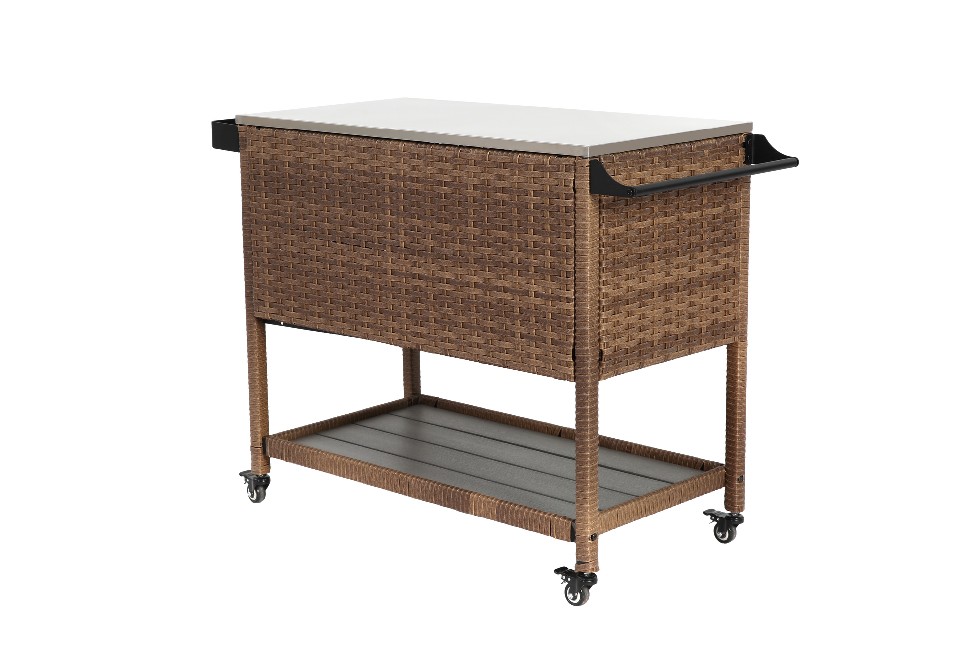 Outdoor Wicker Bar Cart, Patio Wine Serving Cart W Wheels, Rolling Rattan Beverage Bar Counter Table W Glass Top For Porch Backyard Garden Poolside Party, Brown No Brown Garden & Outdoor Steel