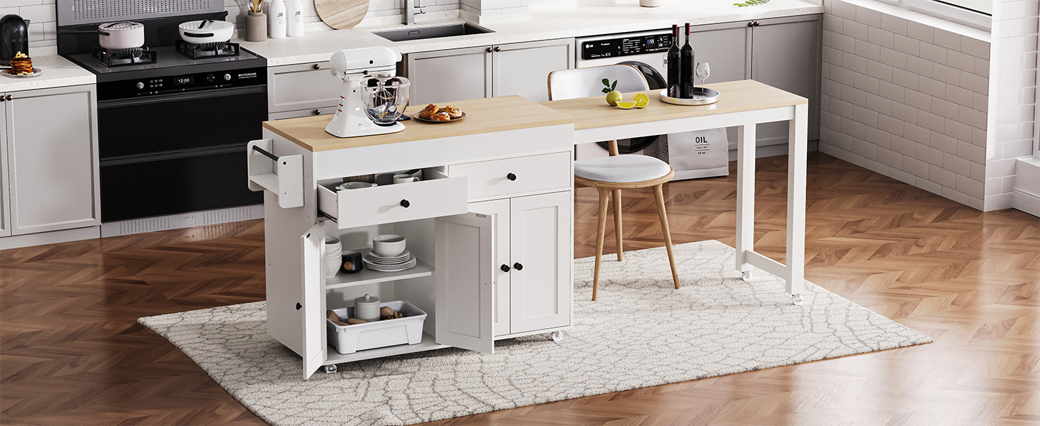 K&K 74.5 Inch Kitchen Island With Extendable Dining Tablerolling Kitchen Island On Wheels With Spice Rack And 2 Drawers, Kitchen Storage Cart With 4 Door Cabinet, For Kitchen, Dining Room, White Off