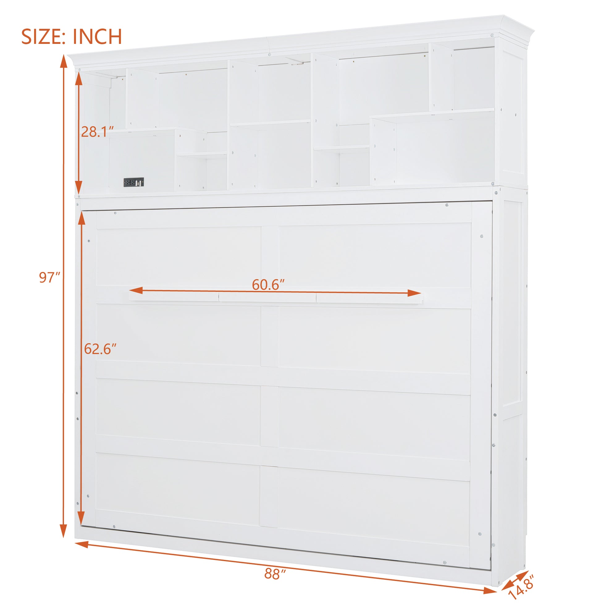 Queen Size Murphy Bed Wall Bed With Top Shelves & Usb,White Queen White Plywood