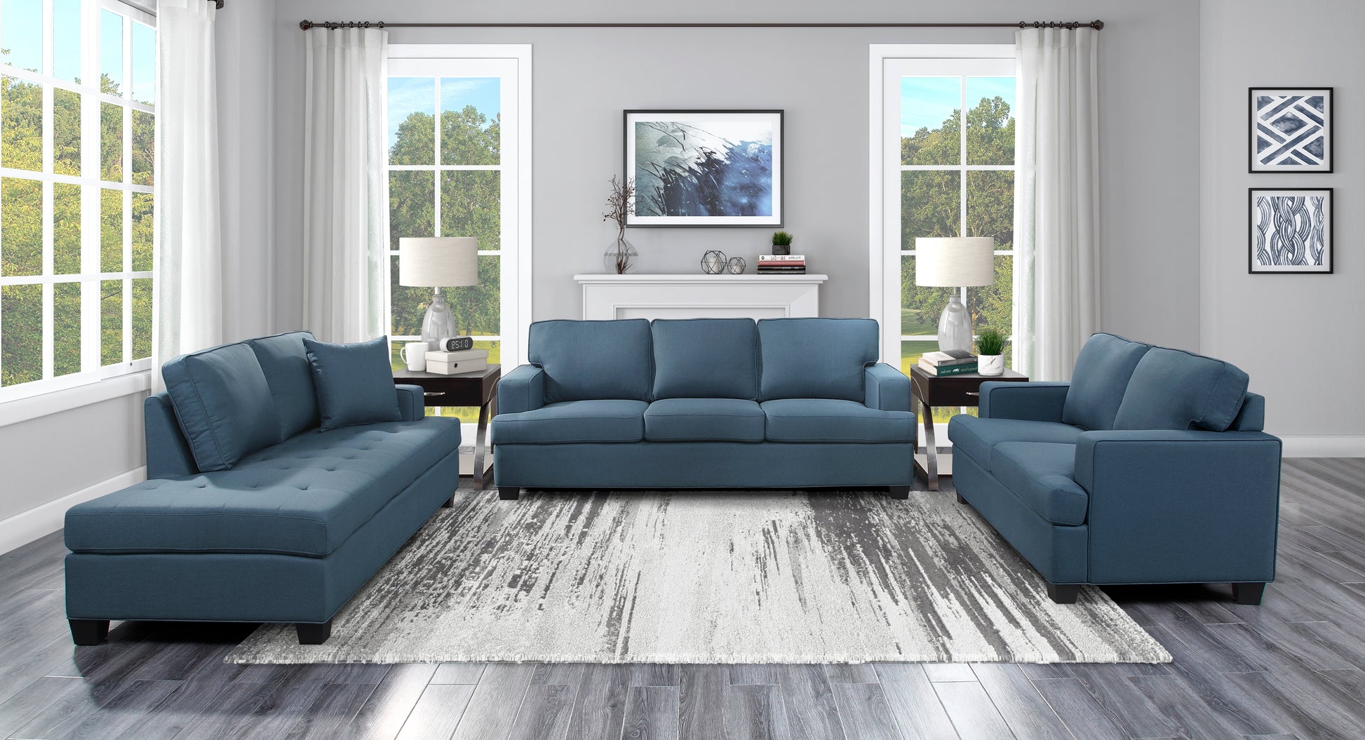 Transitional Style 2Pc Sofa Set Blue Textured Fabric Upholstered Sofa And Loveseat Track Arms Solid Wood Frame Living Room Furniture 1Pc Blue Polyester Wood Primary Living Space Transitional Square Arms Plywood,Solid Wood 5 Seat