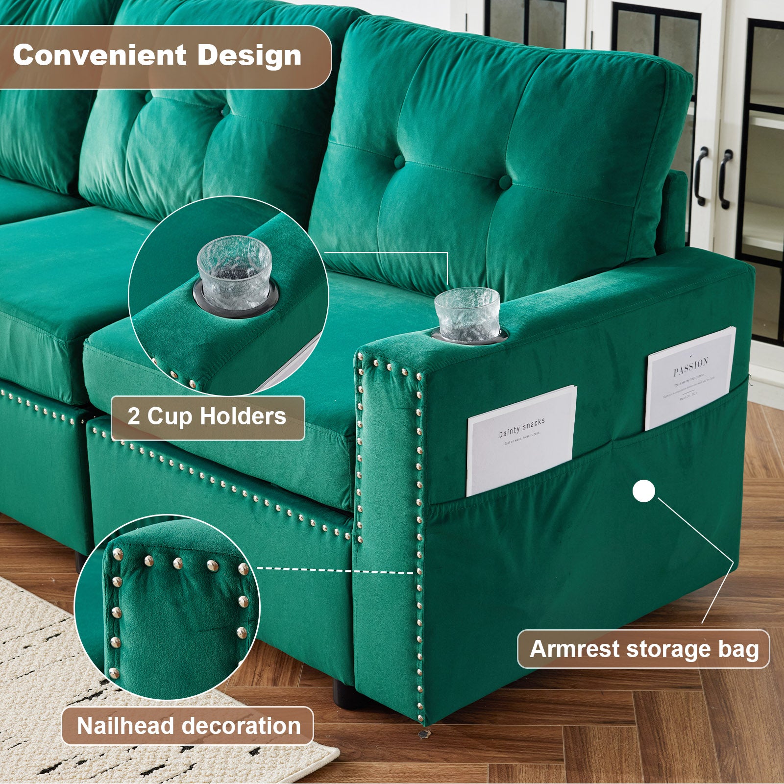 Velvet Modular Combination Sofa With Storage, Living Room Combination Sleeper Sofa Green Green Wood Primary Living Space Cushion Back Extra Heavy Duty Modern Foam Velvet 6 Seat