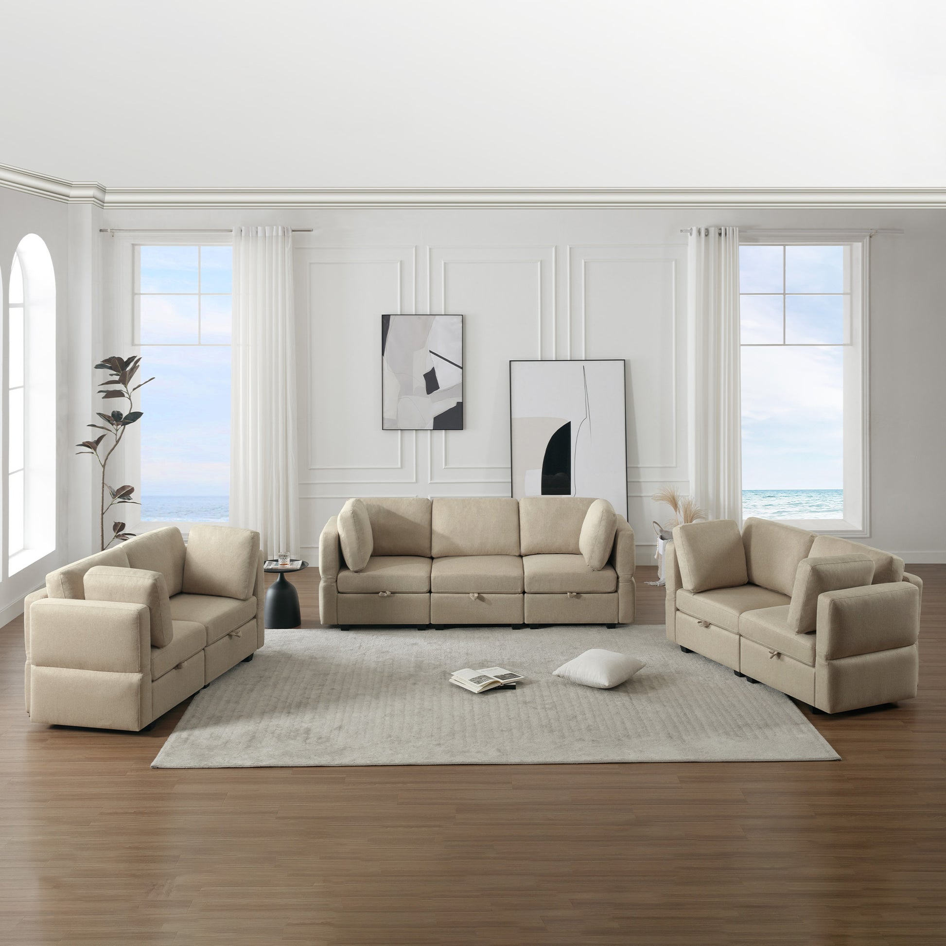 Living Room Furniture 7 Piece Set Including One 3 Seater Sofa And Two 2 Loveseatsadjustable Arms And Backs Comforty Sofas & Couches With Comfy Seat And Arm Cushions Beige Beige Polyester 7 Seat