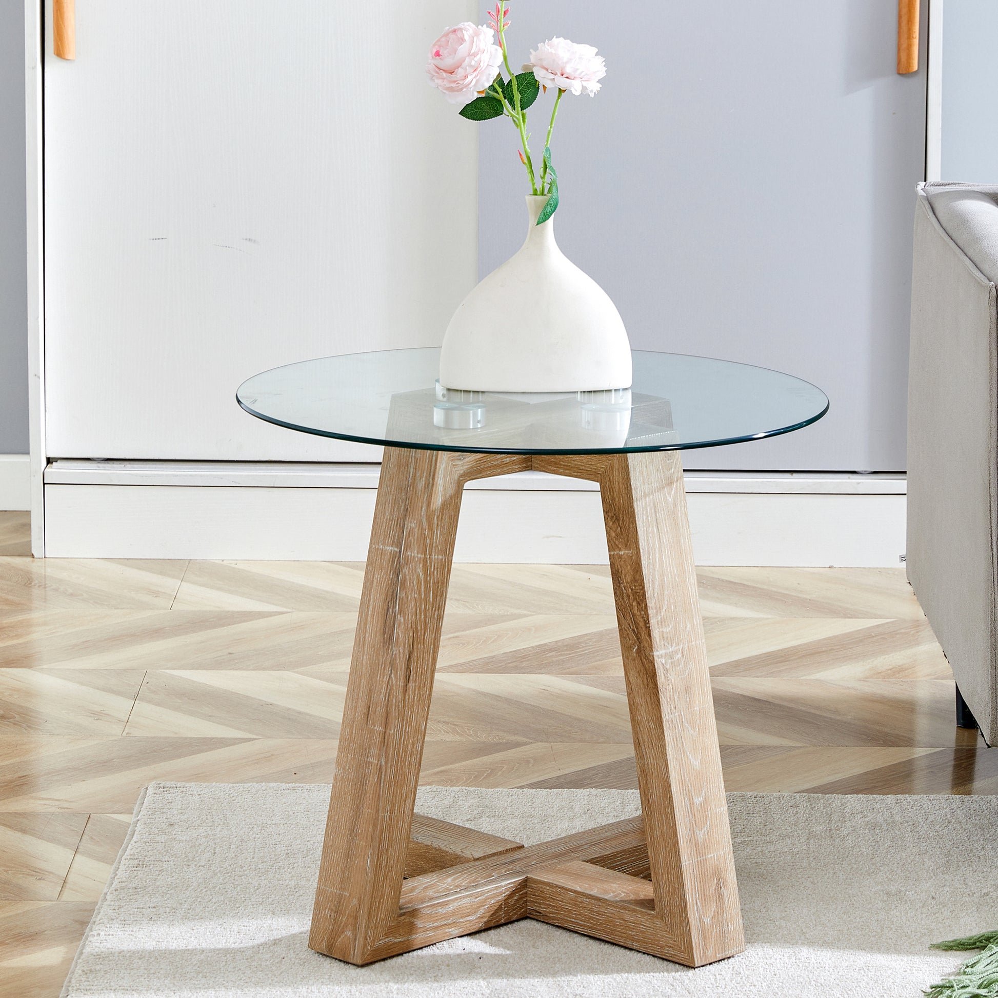 Modern And Practical Round Table. Made Of Clear Tempered Glass Top And Wood Coloured Mdf Material. Suitable For Living Rooms And Bedrooms. Wood Mdf Glass