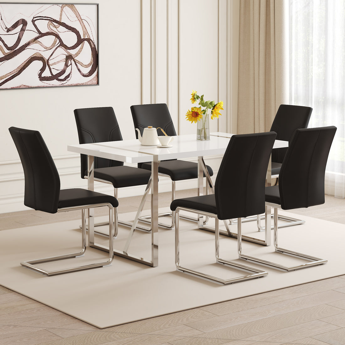 Table And Chair Set.55"X31.5" White Mdf Painting Dining Table Set With 6 Black Pu Chairs.Showcasing A Modern And Stylish Look.Suitable For Dining Room.Mdf Painting,Iron Pipe Plating,Pu Chiairs.