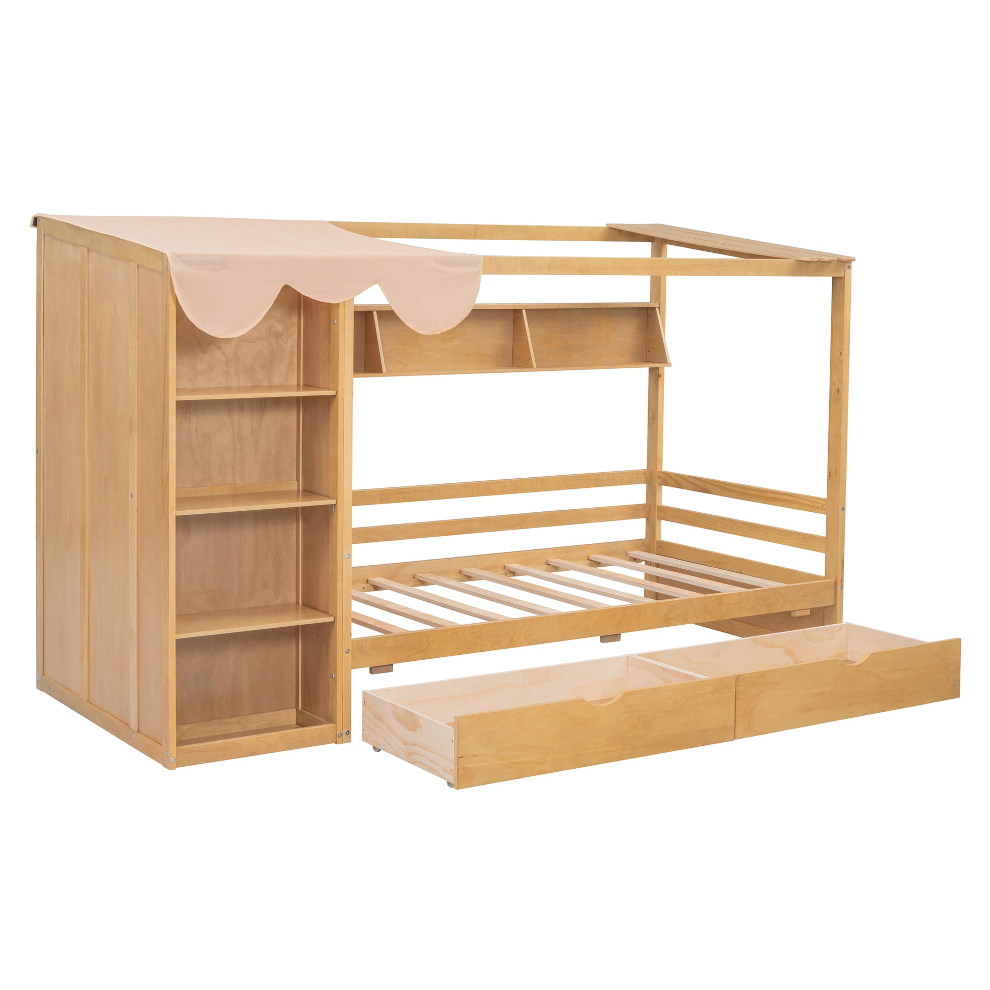 Twin Size House Bed With Two Drawers And Wardrobe,Natural Twin Natural Solid Wood