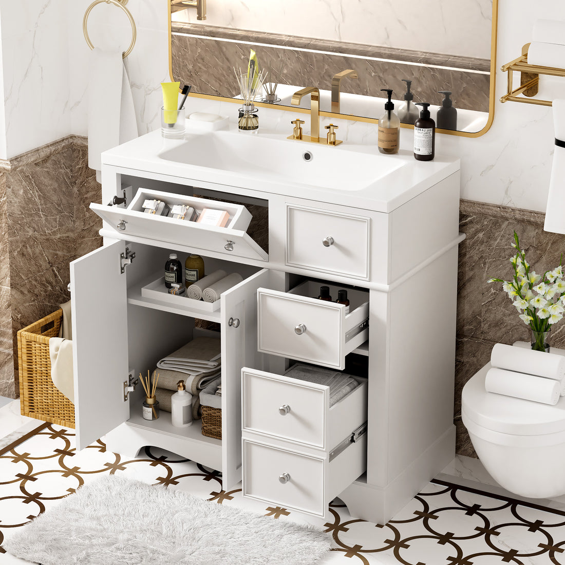 36'' Bathroom Vanity With Resin Sink Combo, Solid Wood Frame Bathroom Storage Cabinet, Freestanding Vanity Set With 3 Drawers& Adjustable Shelf White Bathroom Modern Solid Wood Mdf Resin