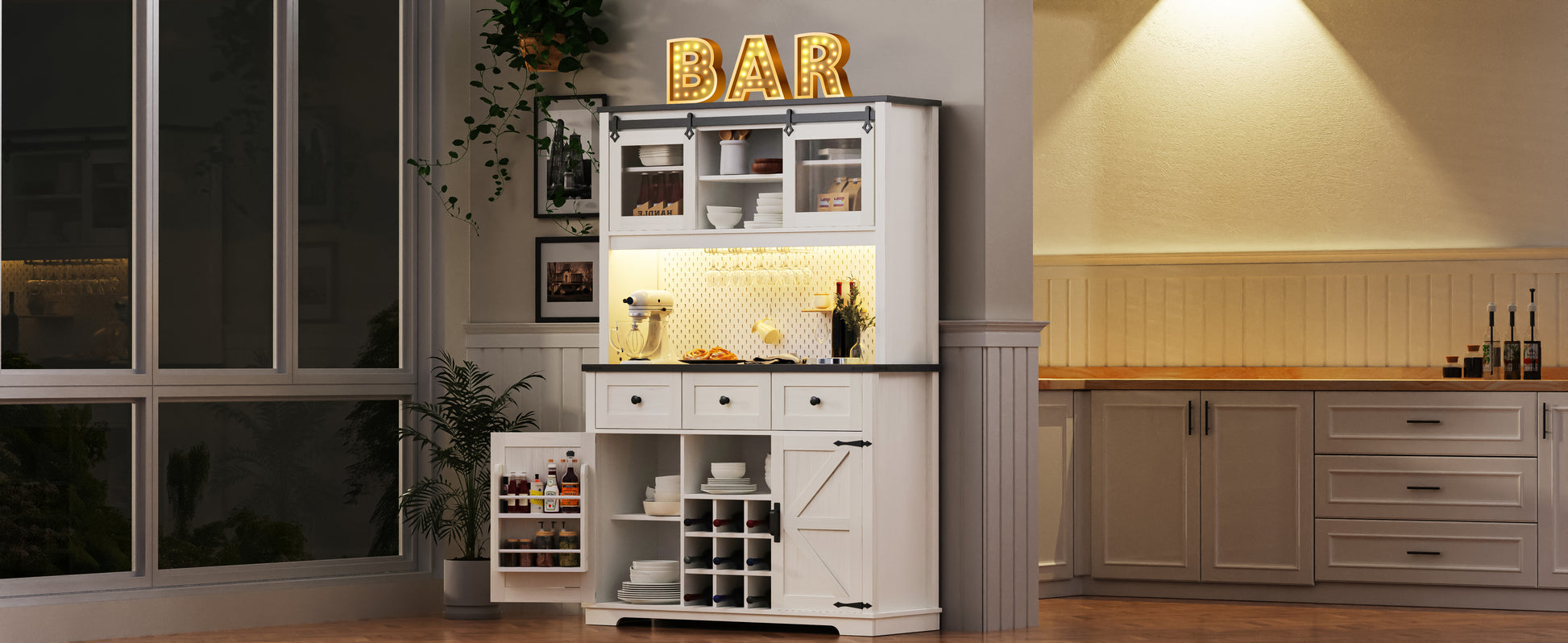 K&K 71" Farmhosue Pantry Bar Cabinet With Internal Storage Rack,Kitchen Cabinet With Hutch,Sliding Door,Power Outlet,Pegboard,Wine & Glasses Rack,3 Drawers,Rustic Coffee Bar Storage Cabinet,White Oak White Oak White Kitchen American Design,American