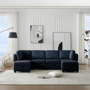 Adjustable Arms And Backs Modern U Shape Linen Couch Modular Sectional Sofa Couch With Storage Seat, Large Convertible Sofa With Reversible Chaise For Living Room Apartment Office, Blue Blue Polyester 4 Seat