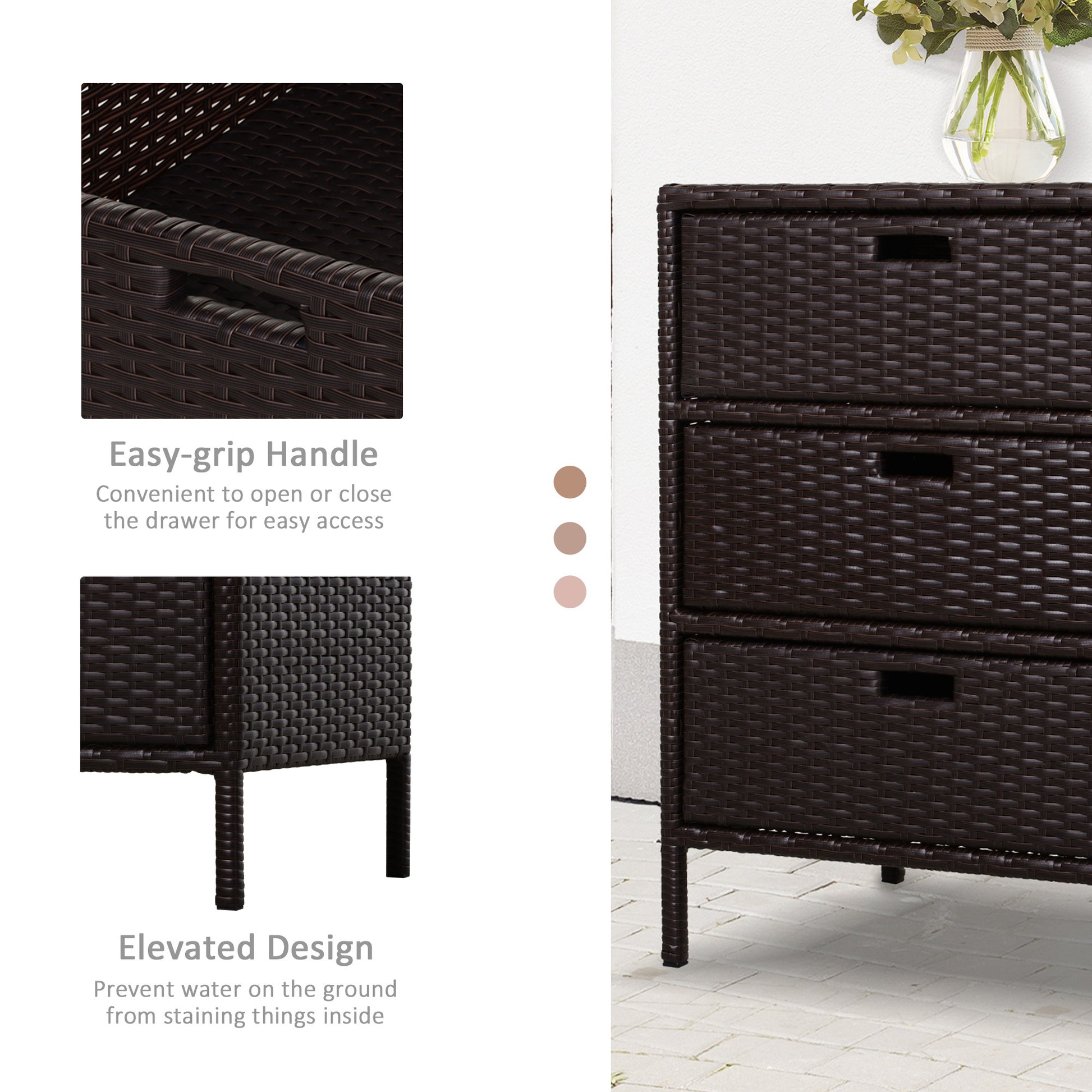 Outsunny Outdoor Towel Cabinet, Pe Rattan Pool Storage Organizer, Freestanding Outdoor Towel Rack For Pool With 3 Drawers And Weather Safe Material, Brown Brown Rattan