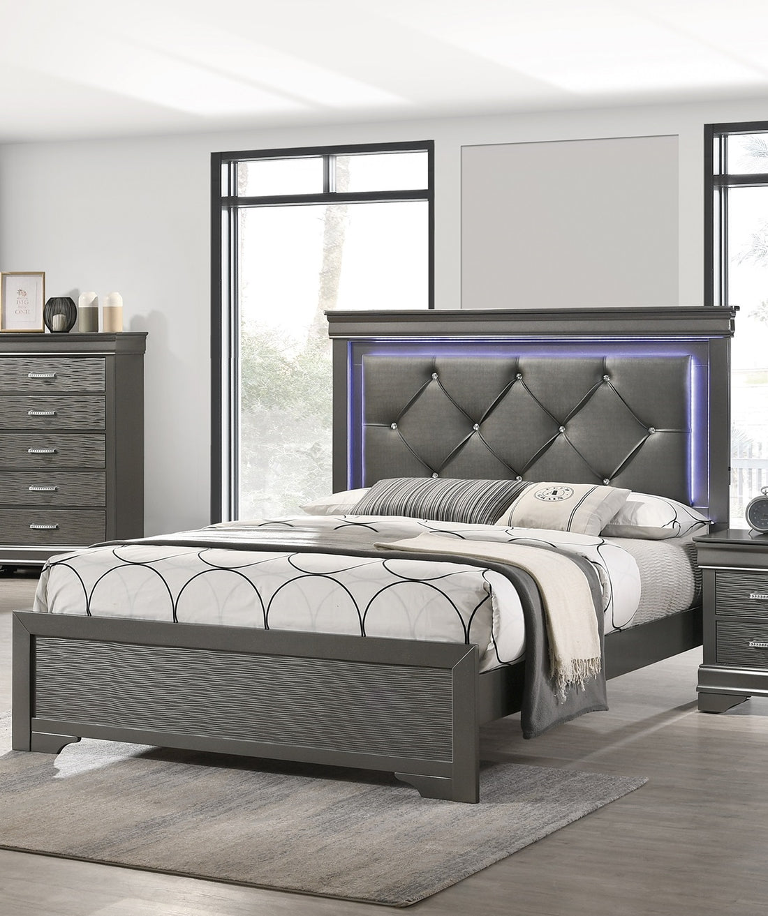 Dark Gray Faux Leather Tufted Headboard 1Pc Queen Size Bed W Led Bedroom Furniture Gray Unique Texture Fb Solid Wood Box Spring Required Queen Dark Gray,Gray Wood Bedroom Contemporary,Modern,Transitional,Ultra Modern Rubberwood Bed Frame Faux