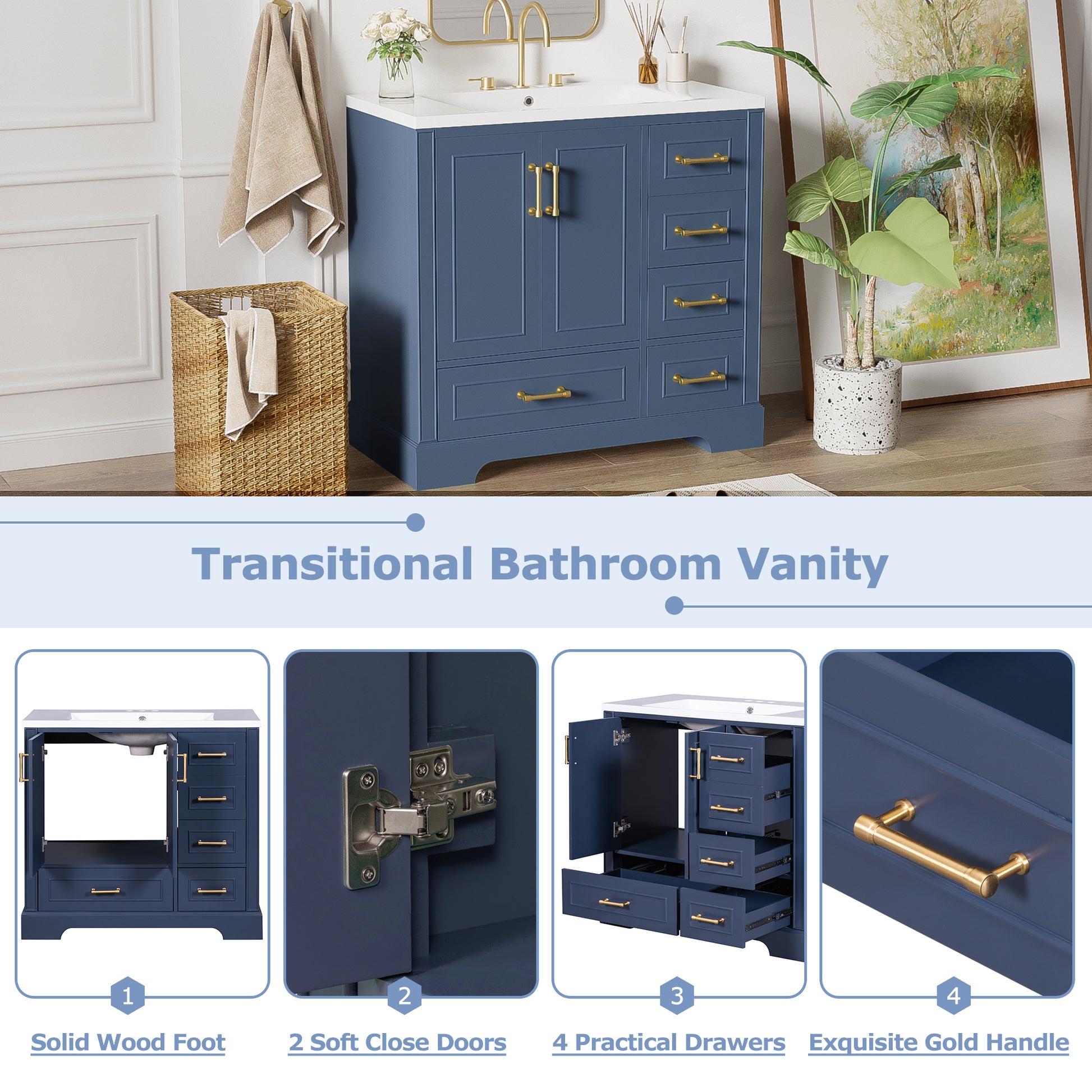 36 Inch Traditional Bathroom Vanity With Resin Sink Combo Set, Blue Bathroom Cabinet With Two Doors And Four Drawers Blue Bathroom Solid Wood Mdf Resin