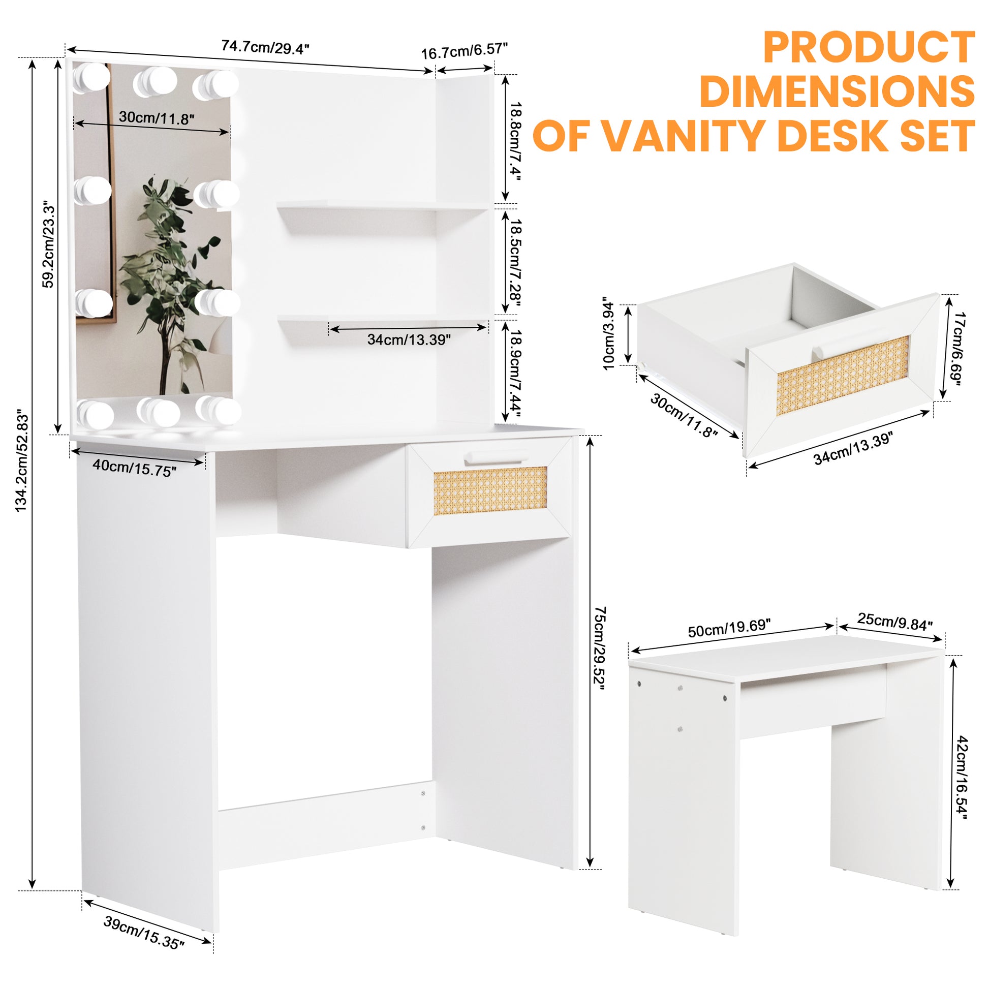 Vanity Desk Set Stool & Dressing Table With Led Lighting Mirror Drawer And Compartments Modern Wood Cosmetic Table Chest Of Drawers White Color Glossy White 1 Drawer Wood