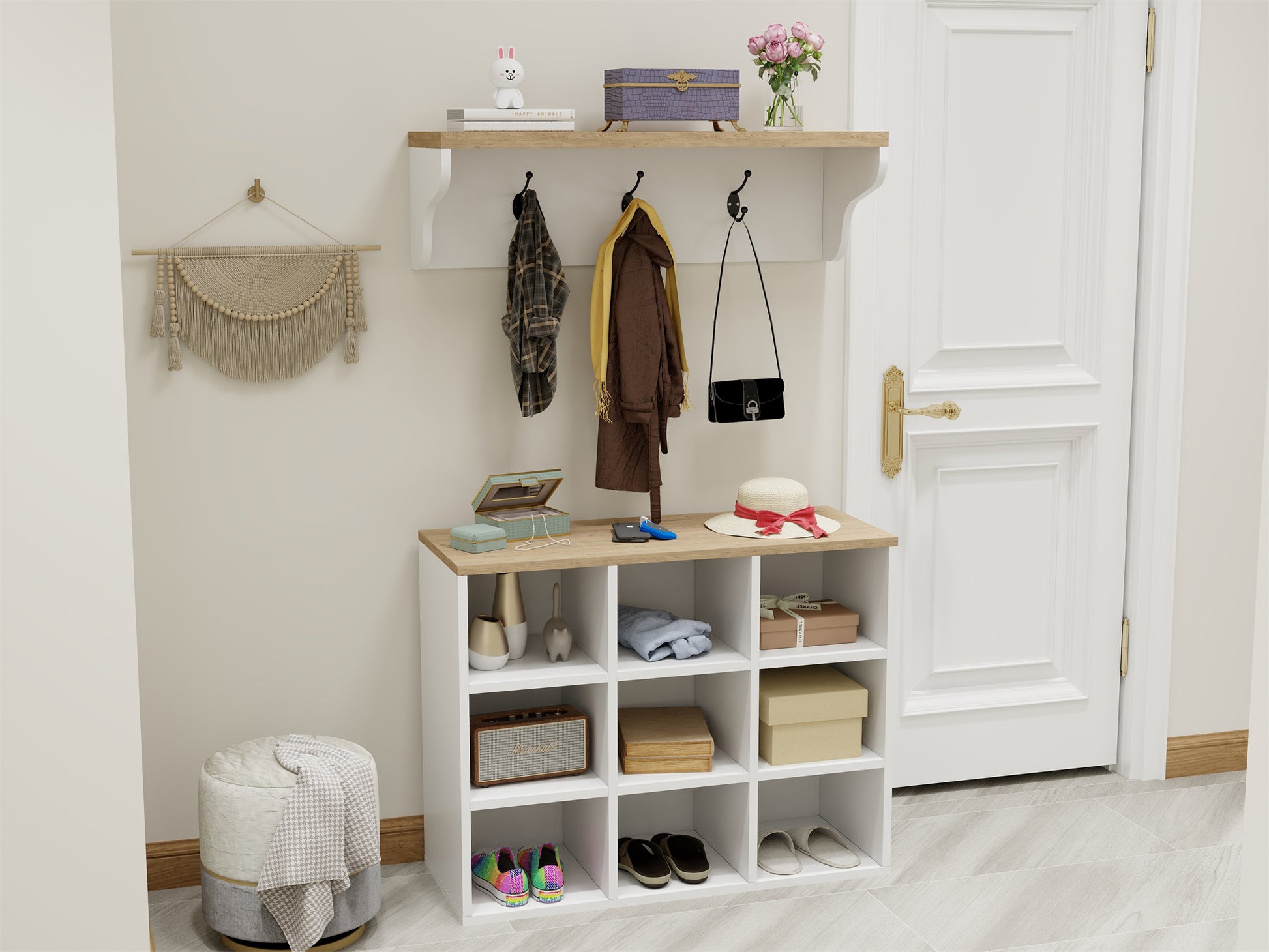 Hall Tree Shoe Bench With Storage, 4 In 1 Coat Rack Set White Bedroom Wood