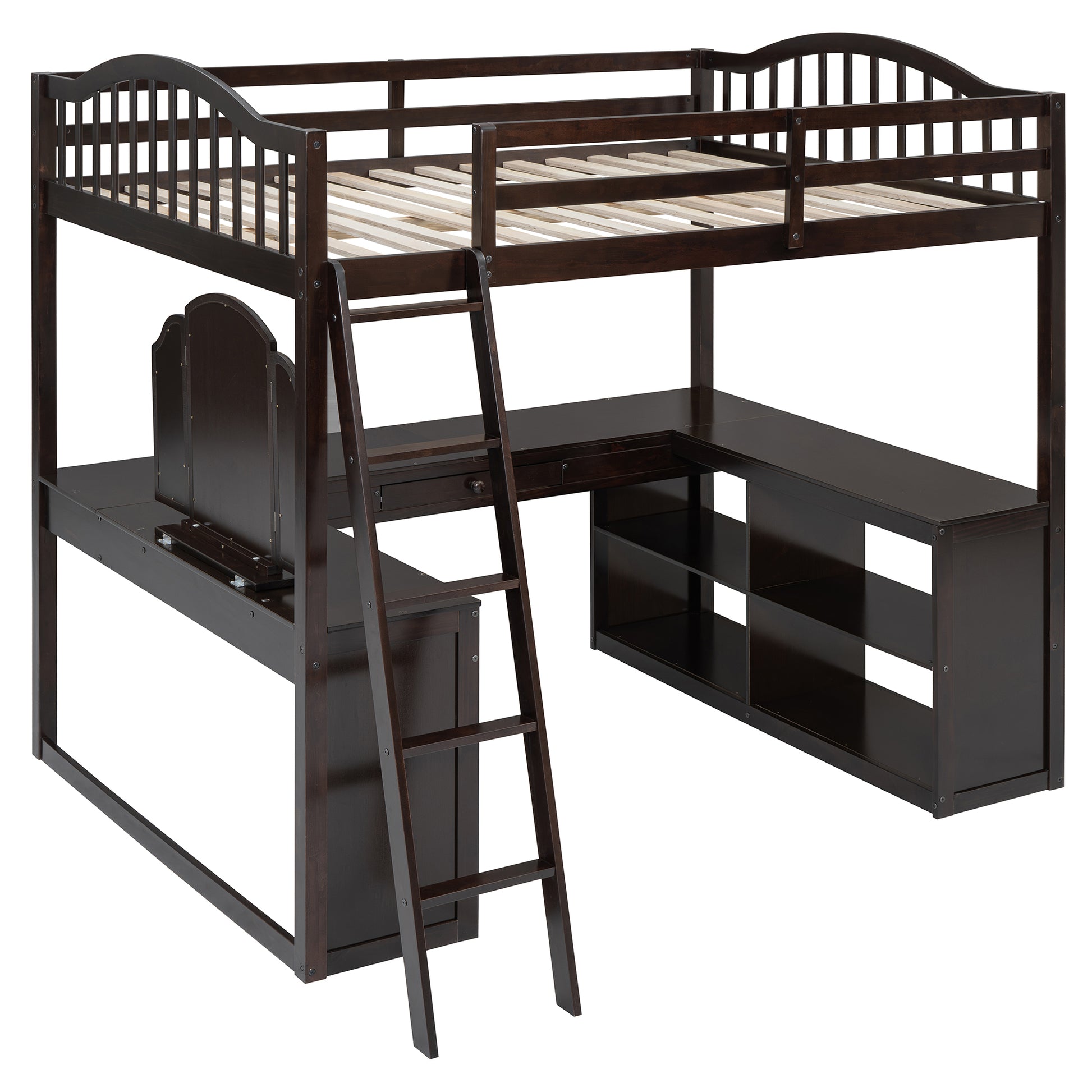 Full Wooden Loft Bed With U Shaped Desk,Storage Compartments And Tri Fold Mirror, Espresso Espresso Plywood,Solid Wood Mdf