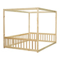 Full Size Canopy Frame Floor Bed With Fence, Guardrails,Natural Full Natural American Design Pine