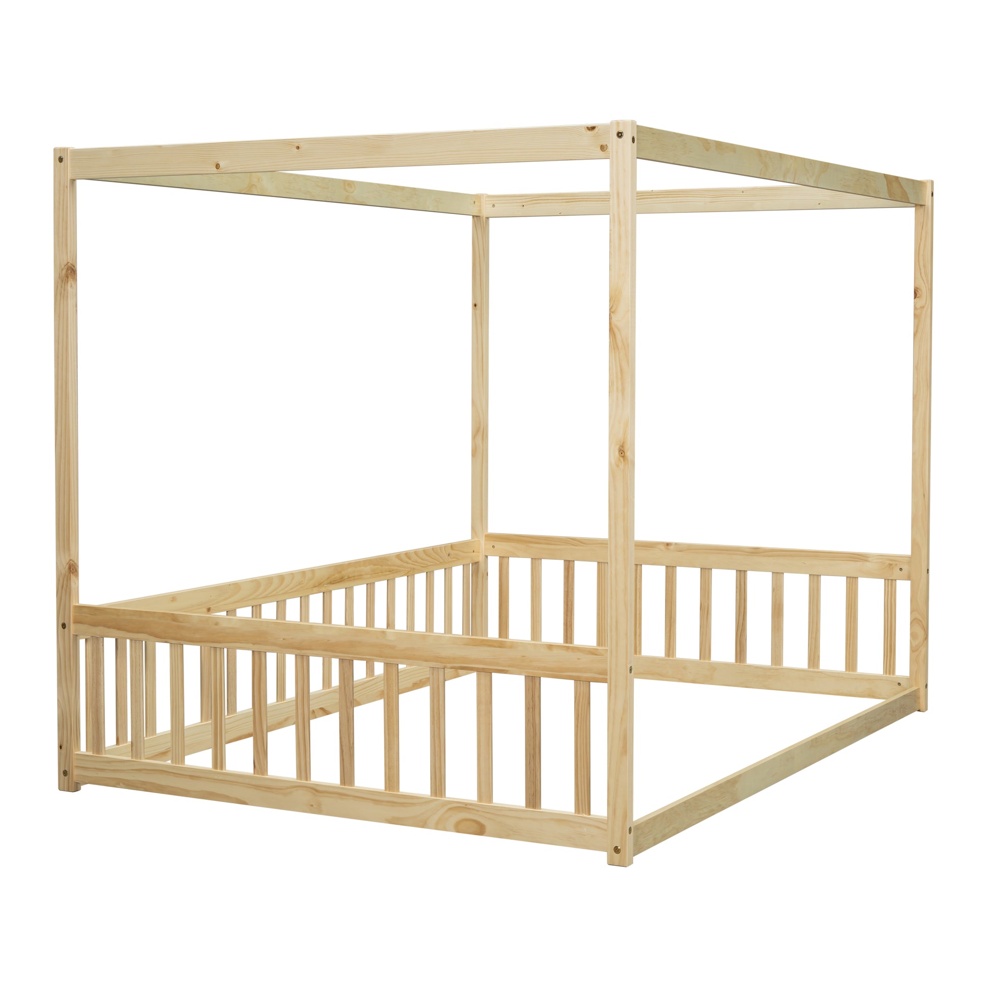 Full Size Canopy Frame Floor Bed With Fence, Guardrails,Natural Full Natural American Design Pine