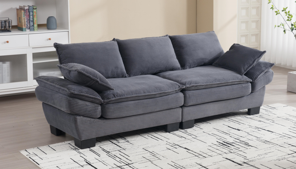 Modern Sailboat Sofa Corduroy 3 Seater Sofa With Two Pillows For Small Spaces In Living Rooms, Apartments Grey Grey Solid Wood 3 Seat