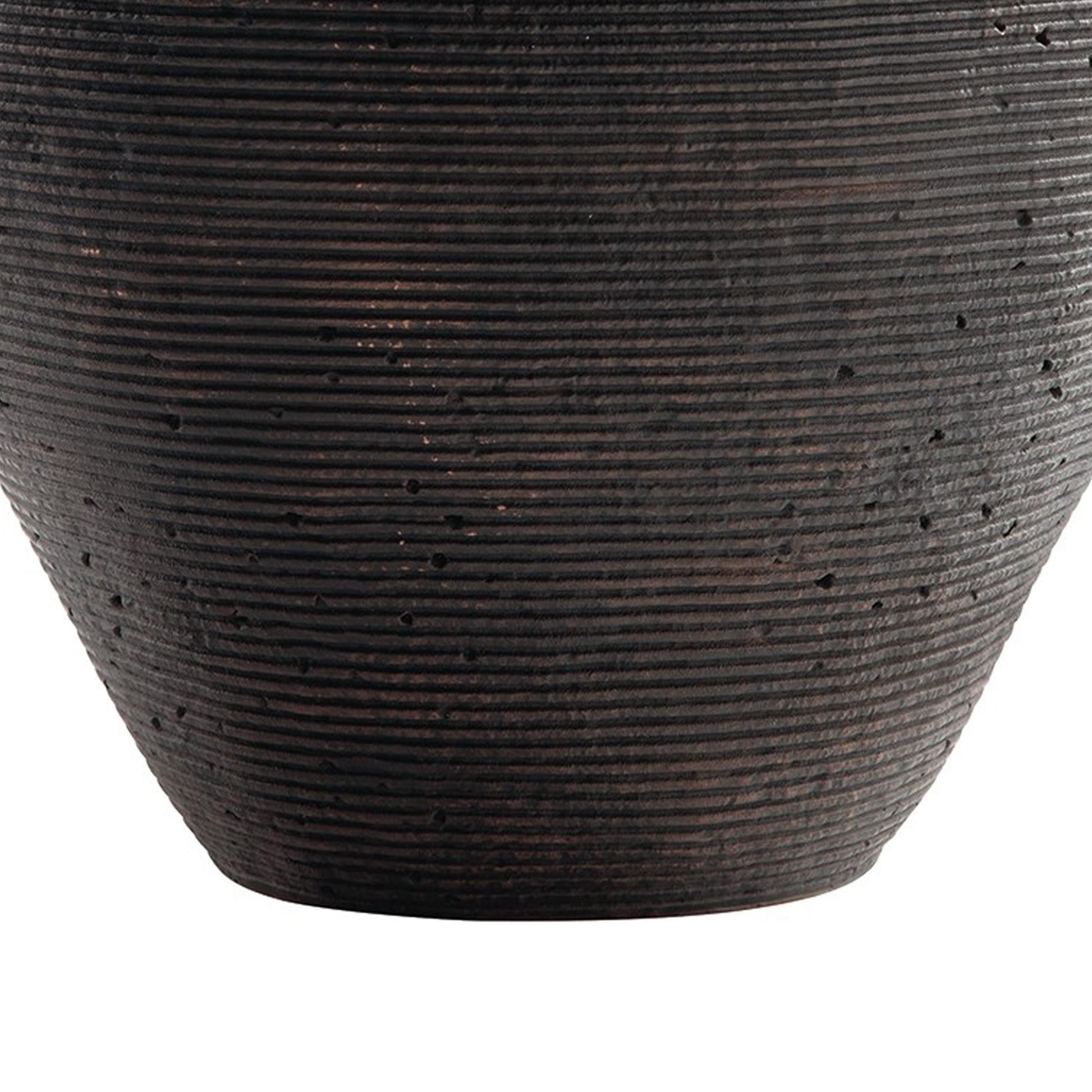 Dale 17 Inch Round Polyresin Vase, Tightly Ribbed Texture, Antique Brown Brown Polyresin