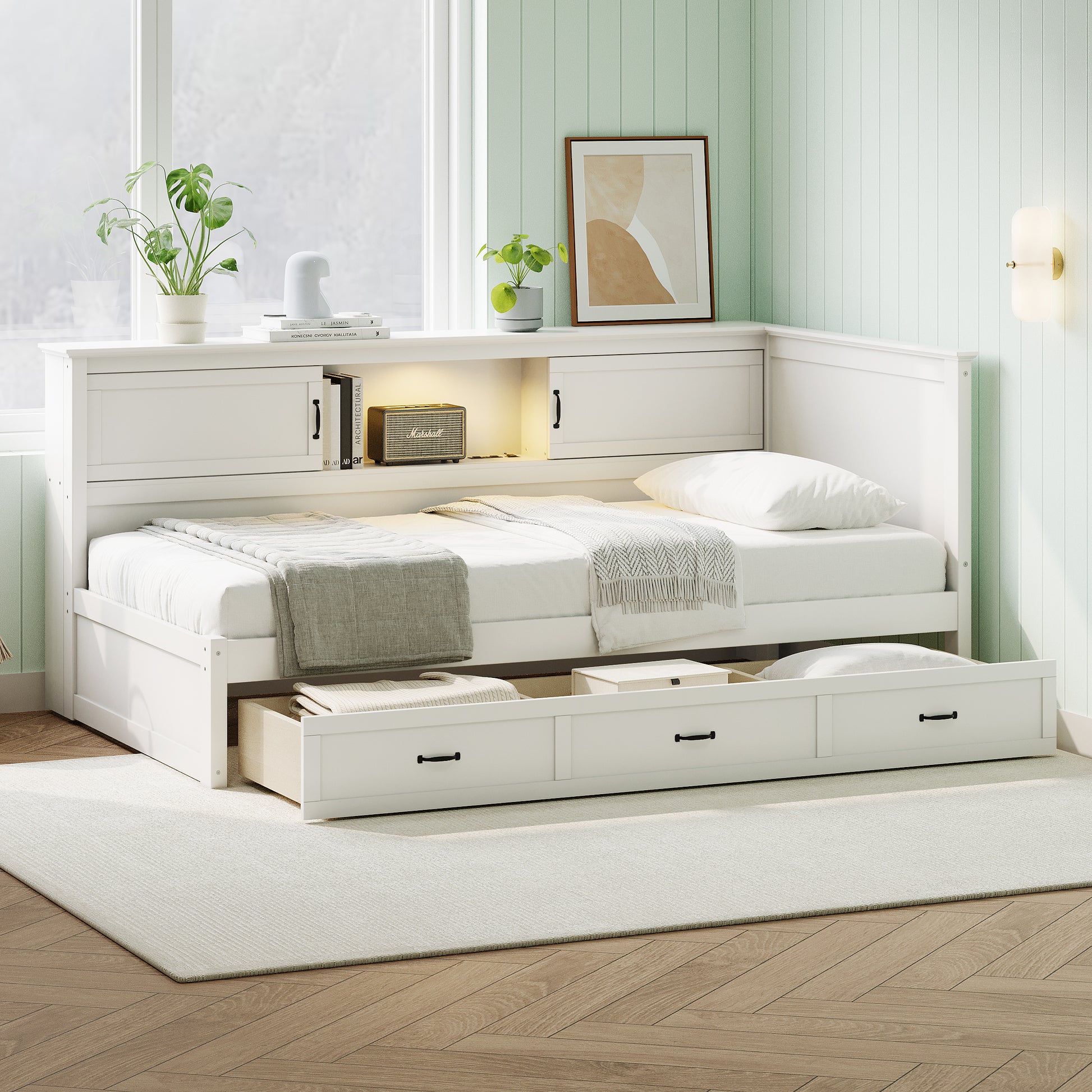 L Shaped Bed Frame With Drawer And And Bookcase,Corner Bed Wooden Captain Bed With Led Downlight And Usb Port For Small Room,Bedroom, Guest Room, Twin Size, White Box Spring Not Required Twin White Wood Bedroom Mid Century Modern,Modern Pine Bed Frame