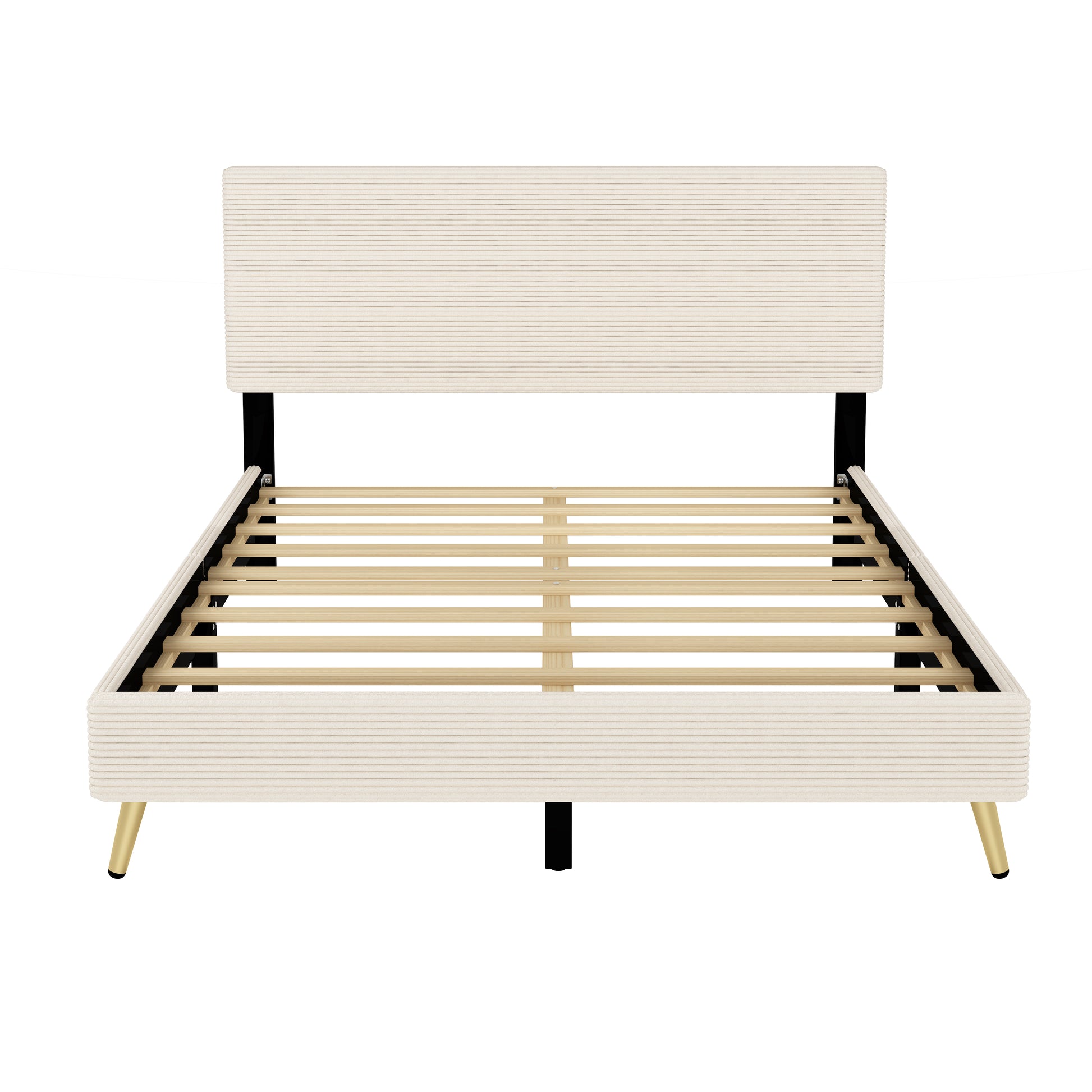 Queen Size Corduroy Upholstered Bed Frame, Platform Bed With Horizontal Stripe Headboard, No Box Spring Needed, Beige Queen Beige Bed Frame Solid Wood Mdf