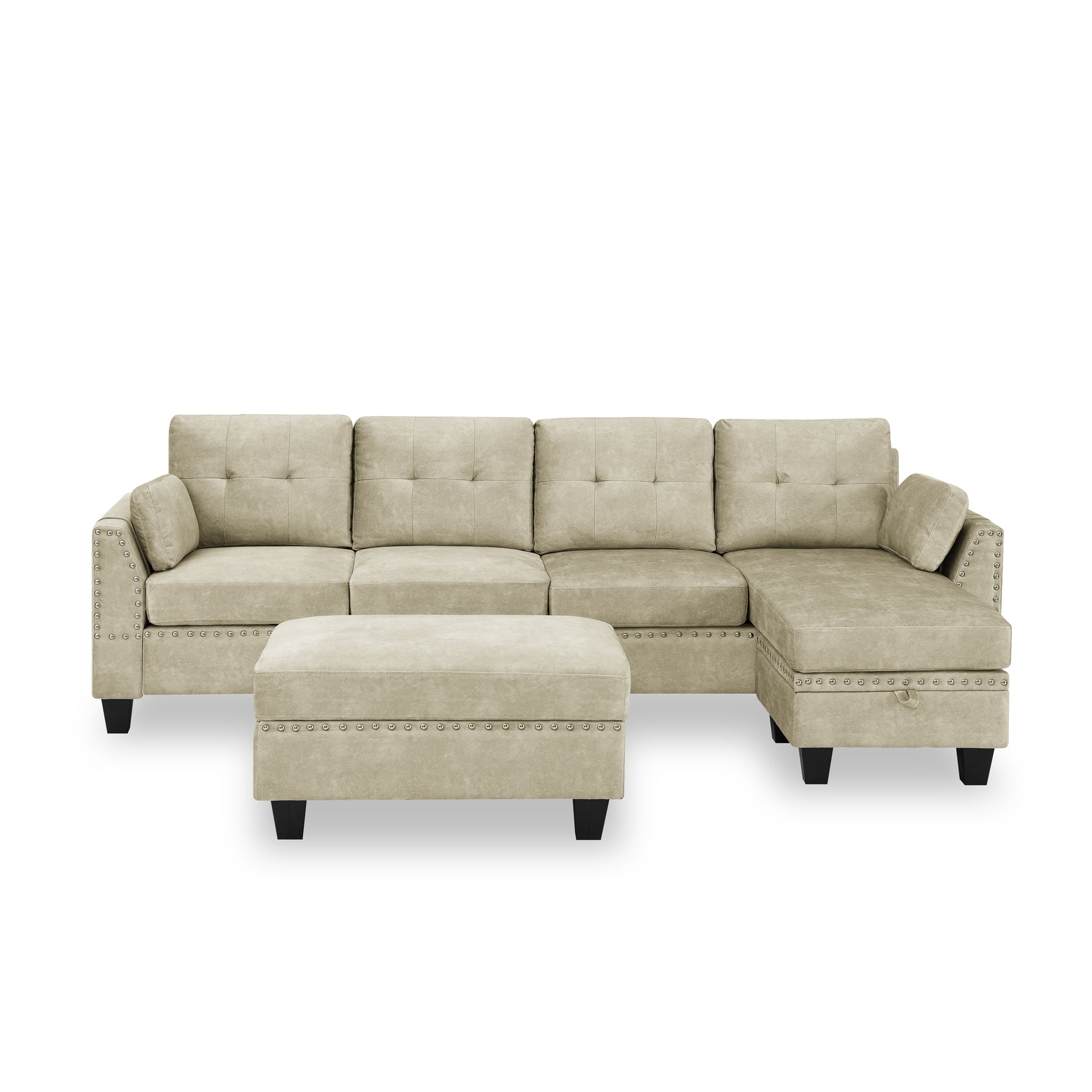 Sectional 3 Seaters Sofa ,Double Sided Multi Functional Footstool, Storage Matnon Slip Leg, Two Pillows, Velvet,Beige Beige Velvet 3 Seat