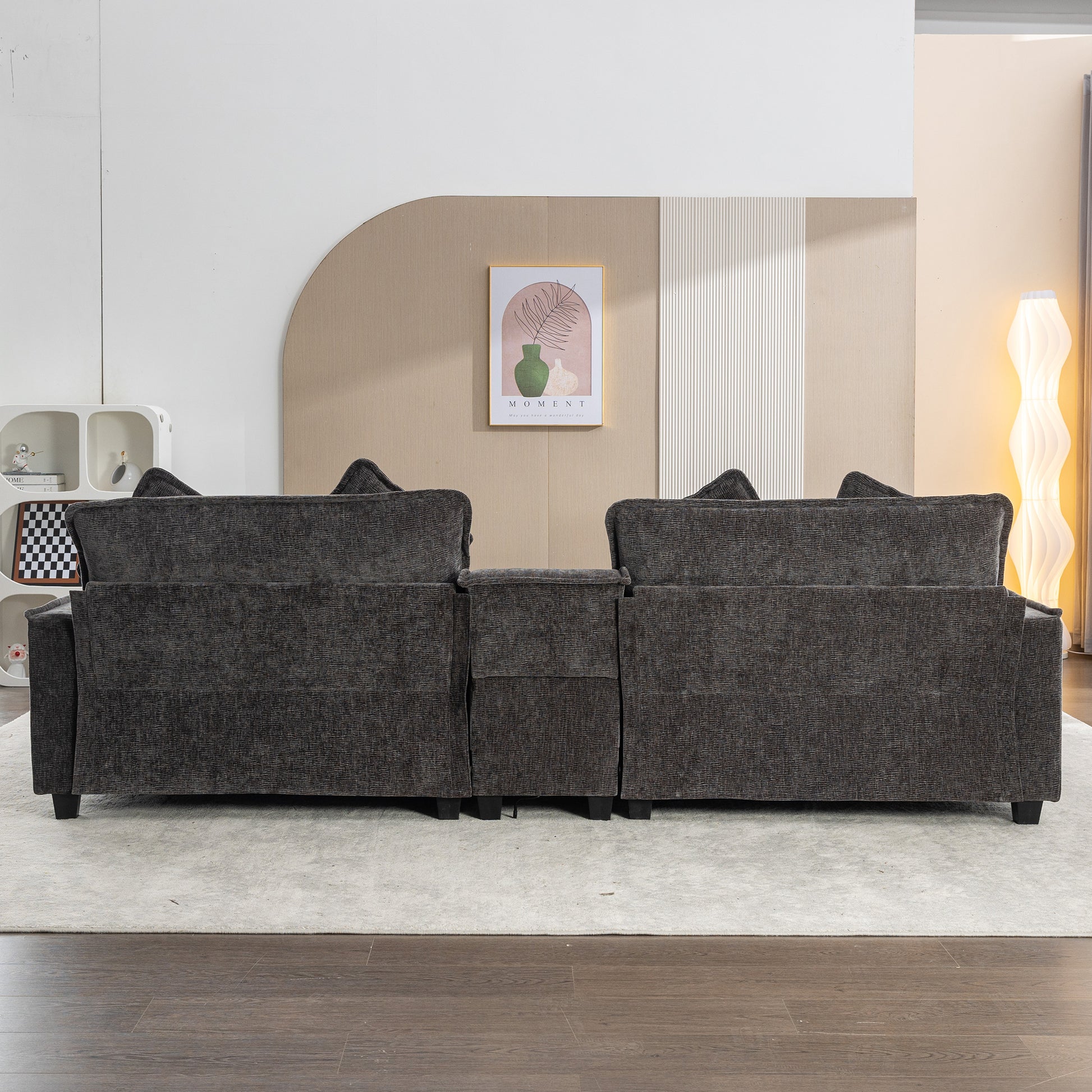 112.6" Sectional Sofa Chenille Upholstered Sofa With Two Removable Ottoman, Two Usb Ports, Two Cup Holders And Large Storage Box For Living Room, Black Black Foam Chenille 2 Seat