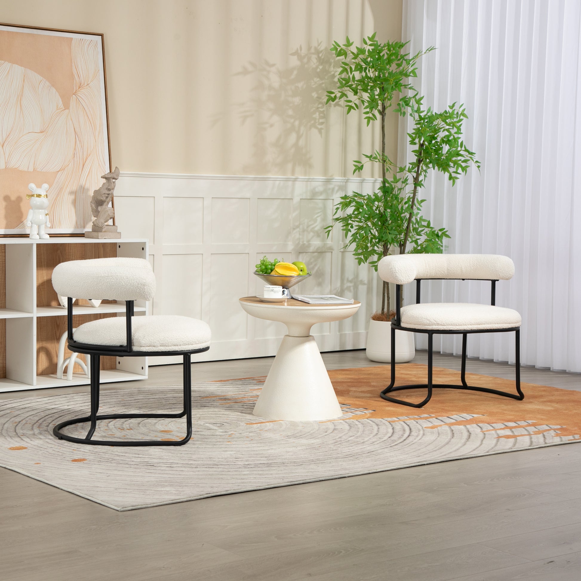 Coolmore Boucle Dining Chairs Set Of 2, Mid Century Modern Curved Backrest Chair, Round Upholstered Kitchen Chairs Beige Boucle Beige Foam Mdf Metal