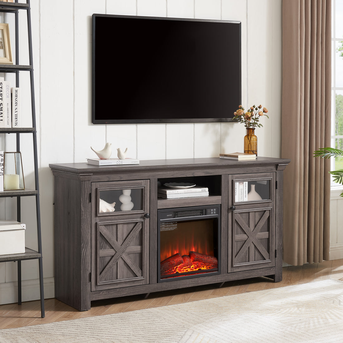 2 Doors Cabinet Farmhouse Cabinet, Farmhouse Tv Stand Barn Design,Farmhouse Tv Media Stand, Large Barn Inspired Home Entertainment Console With 18" Fireplace Insert,Grey, 60.23"W*15.35"D*31.7"H Grey