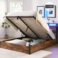 Lift Up Storage Bed Frame, Full Size Bed Frame With Bookcase Headboard & Led Lights, Wooden Platform Bed Frame With Charging Station, No Spring Box Needed, Rustic Brown Box Spring Not Required Full Rustic Brown Metal Brown Bedroom Industrial Bed Frame
