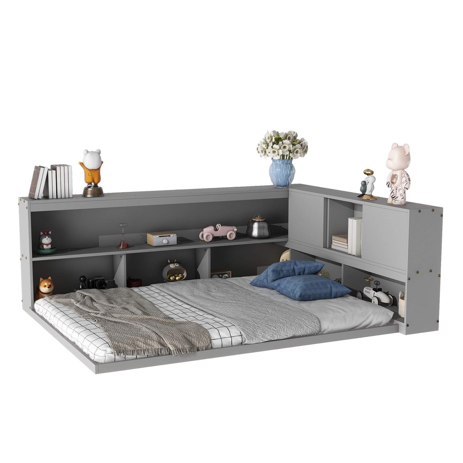 Full Floor Bed With L Shaped Bookcases, Sliding Doors,Without Slats,Grey Full Grey American Design Pine