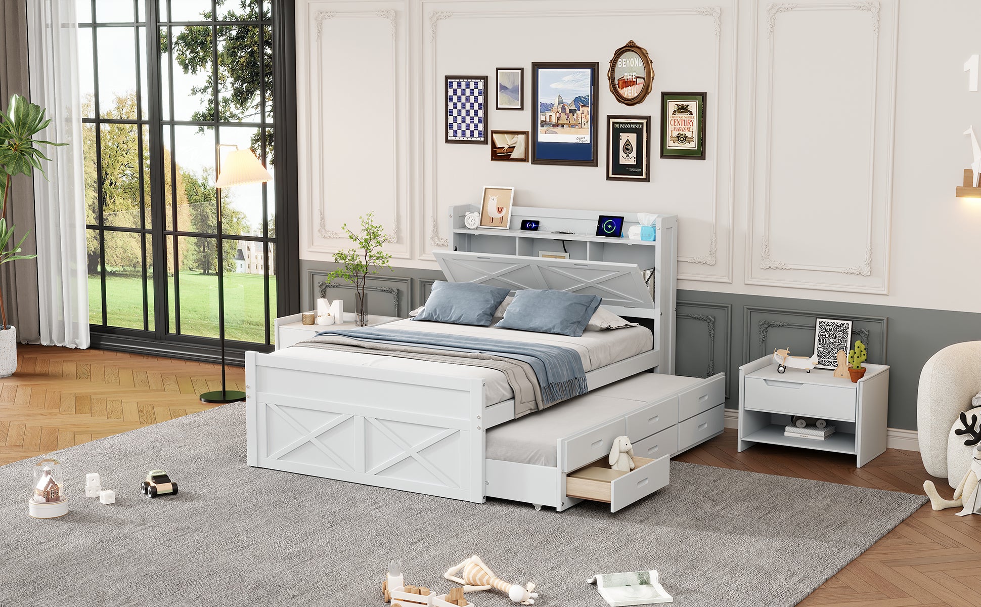 Full Size Wooden Bed With Storage Headboard With Outlets, Extendable Bed With Twin Size Trundle With Three Storage Drawers,White Expected Arrival Time:8.23 Full White Wood