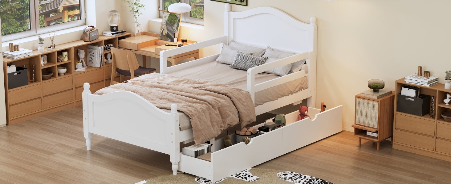 Twin Size Wood Platform Bed With Guardrails On Both Sides And Two Storage Drawers ,White Twin White Wood