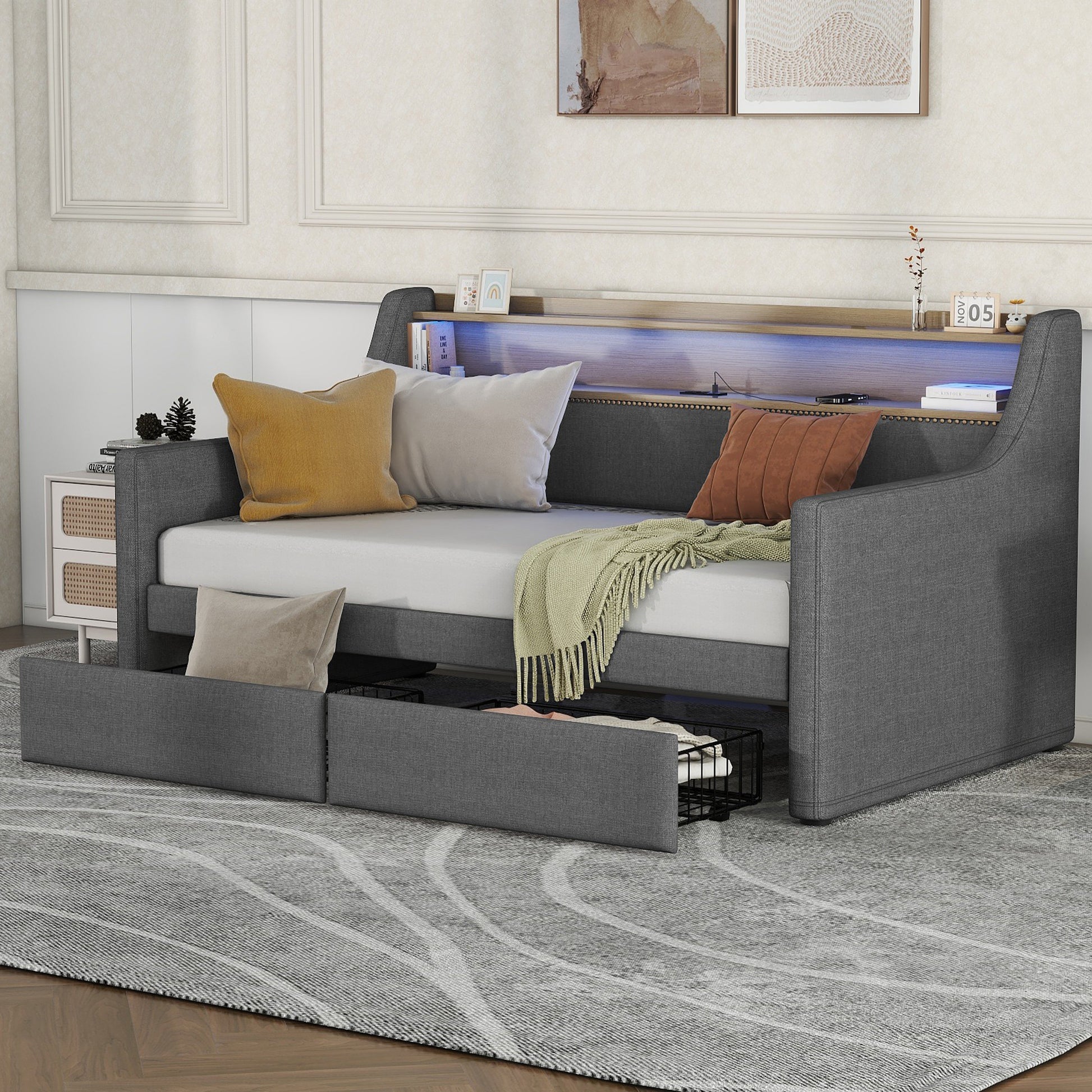 Twin Size Daybed With Storage Drawers, Upholstered Daybed With Charging Station And Led Lights, Gray Old Item W1580S00034 Twin Gray Linen