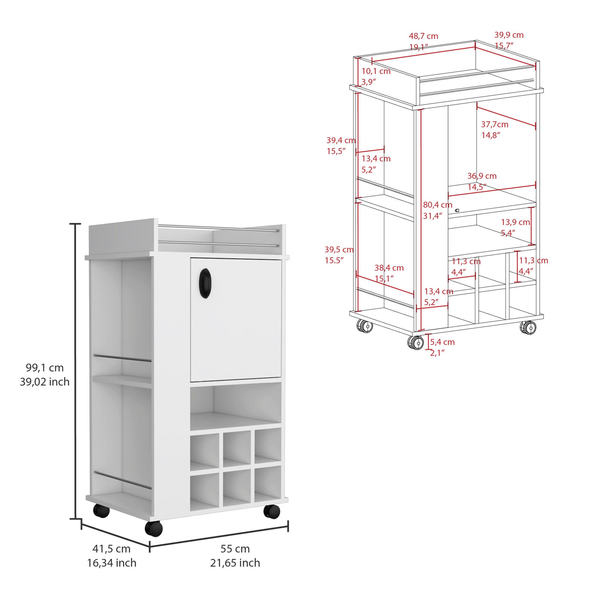 Fargo Bar Cart With Cabinet, 6 Built In Wine Rack And Casters White Primary Living Space Modern Particle Board Engineered Wood