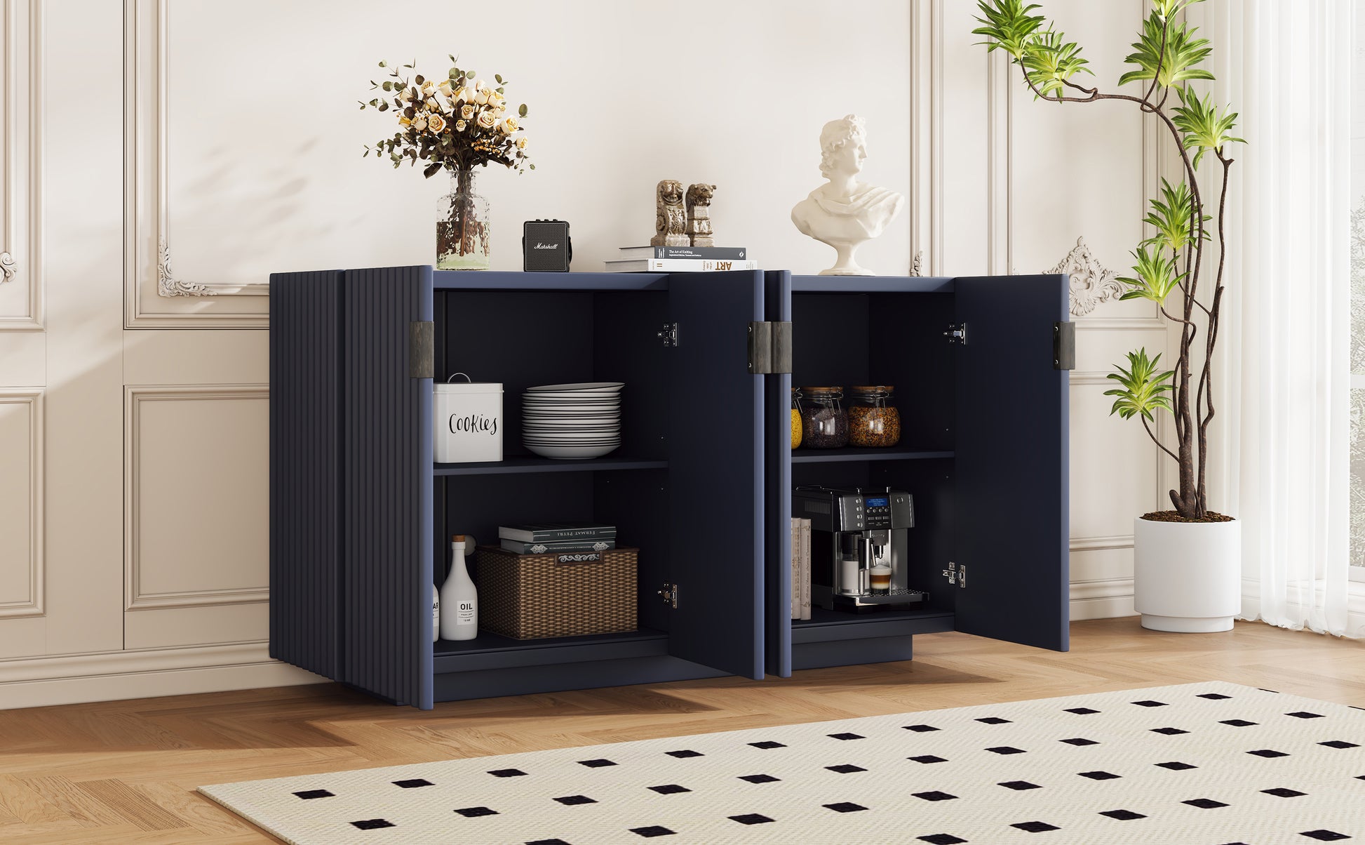 4 Wavy Doors Large Storage Space Sideboard With Adjustable Shelves And Retro Copper Handles For Dining Room And Living Room Antique Navy Antique Navy Mdf