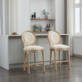 Solid Wood Bar Stools Set Of 2, Classic French Country Wooden Barstools With Upholstered Seating Beige Fabric Wood Fabric